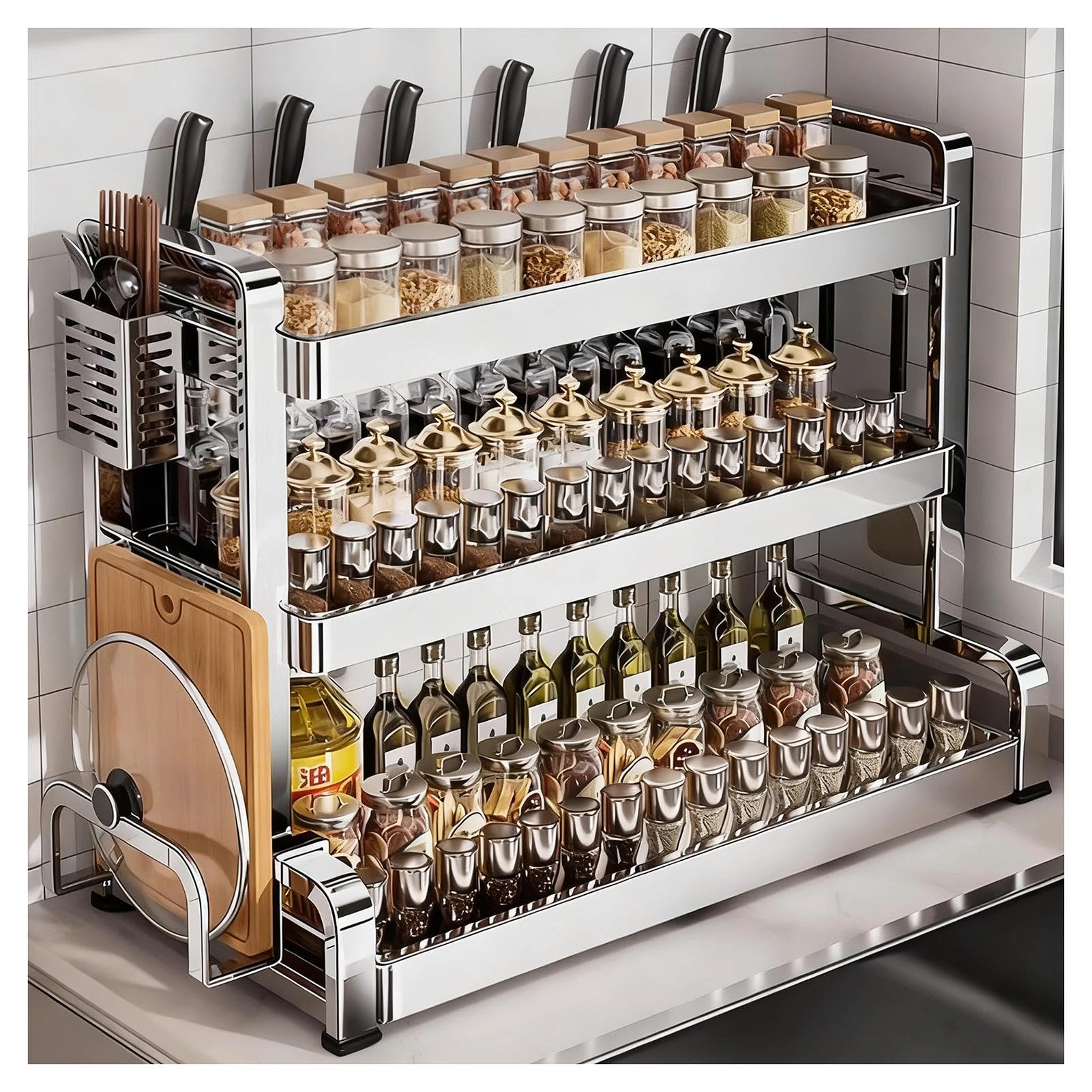 TIANQIHAO Stainless Steel Spice Rack With Hooks And Knife Holder,Metal Storage For Office And Living Room,3 Tier-19.7in