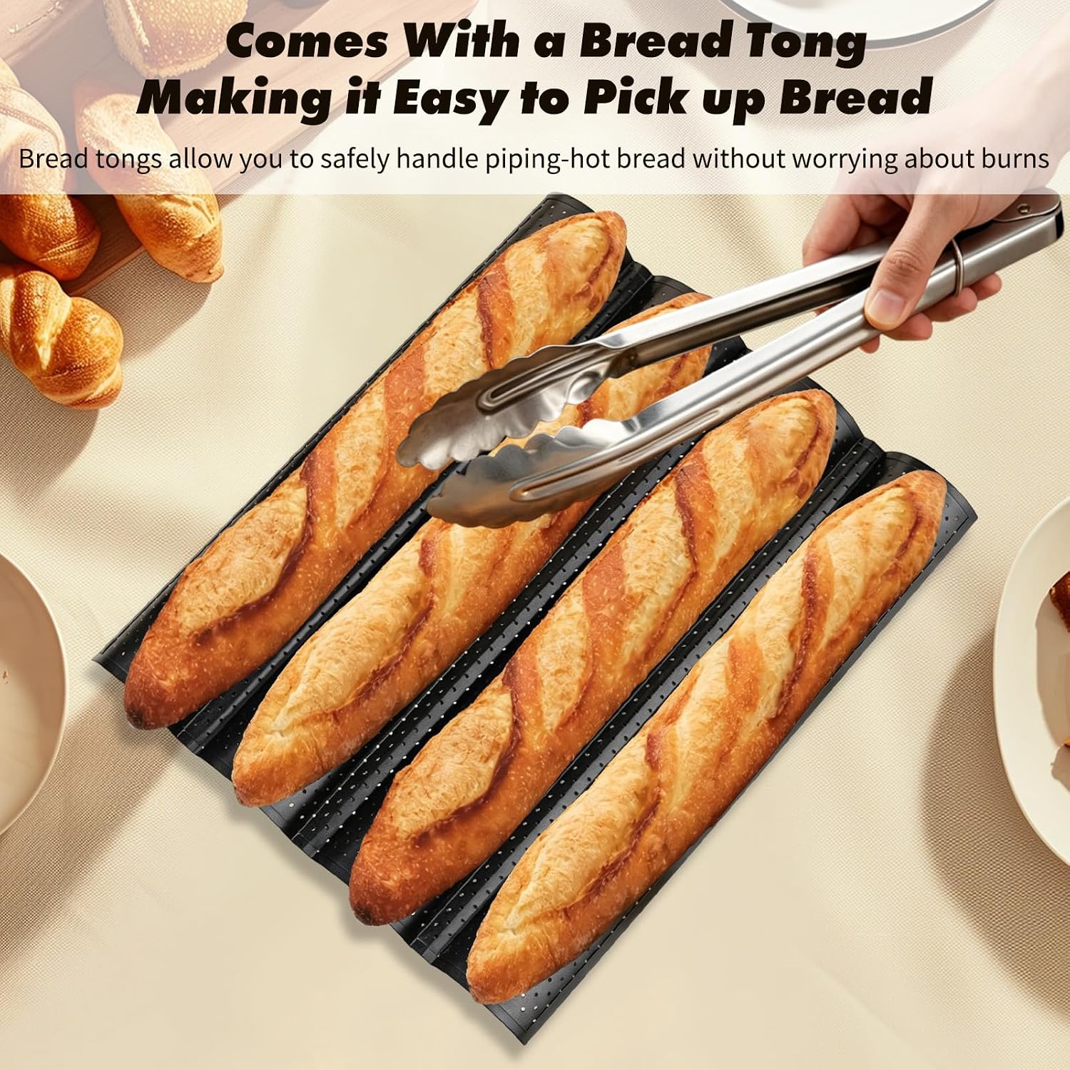 DKE&YMQ Baguette Bread Pan Set, 4-Loaf Perforated Tray with Dough Cutter & Tongs, Nonstick Baguette Pan for Homemade Baguettes