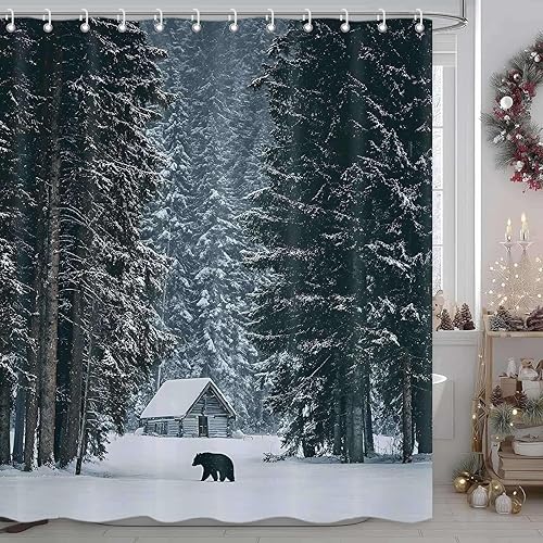 Miniatura 9 de Cortina de Ducha de Muñeco de Nieve Navideño, Conjunto de Cortinas de Baño de Bosque Invernal Rústico de Granja con Árbol de Navidad, Juegos de