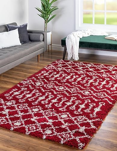 Unique Loom Alfombra marroquí Trellis Shag Collection - Meknes (10 pies 8 pulgadas x 14 pies, rectangular, color rojo borgoñamarfil)