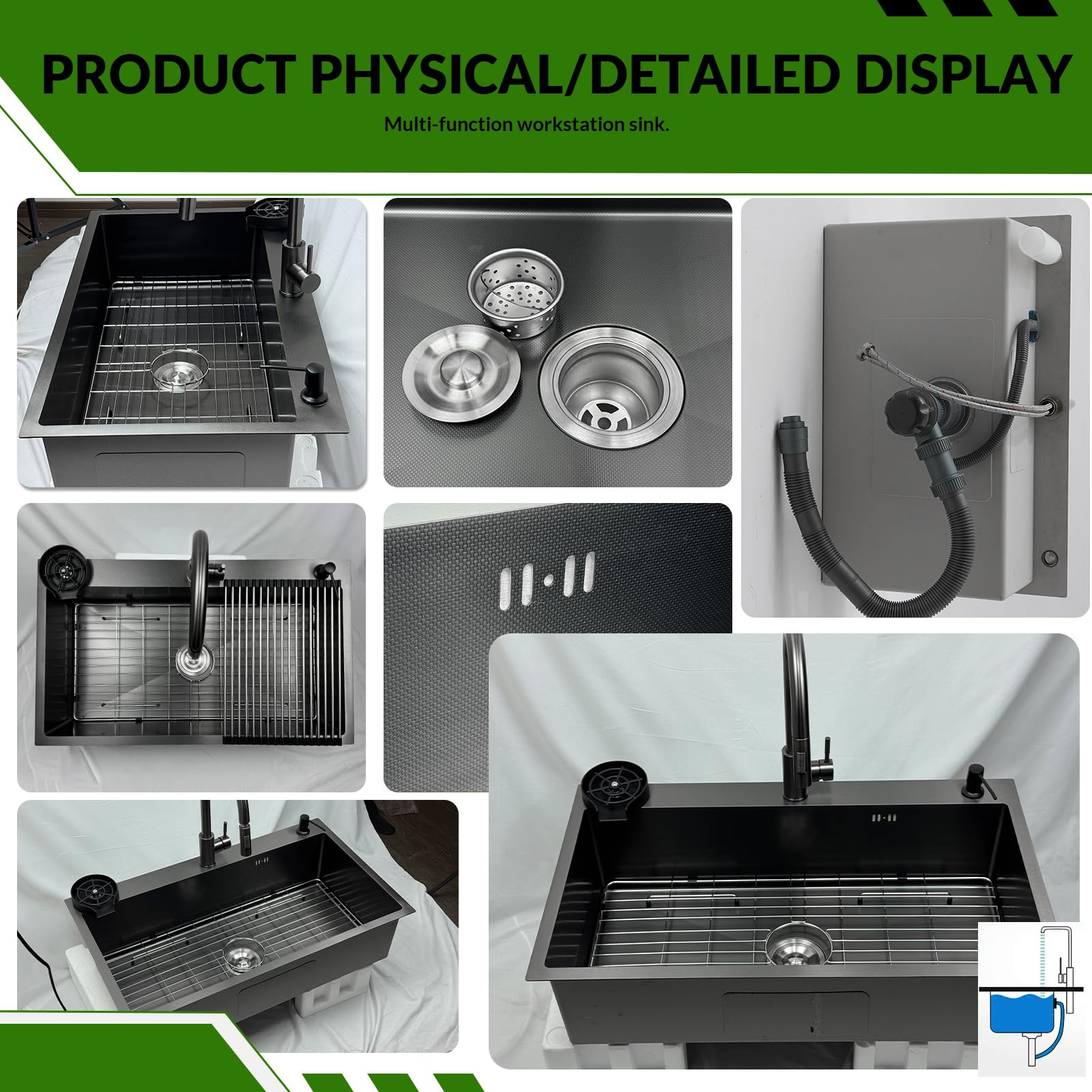 85x50cm Acciaio Inox Lavello Cucina 1 Vasca Grigio Nero, Con Griglia In Acciaio Inox Nano, Lavabo Cucina con 3 Fori Scolapiatti da Appoggio con Rubinetto, con Dispenser Sapone Da Appoggio