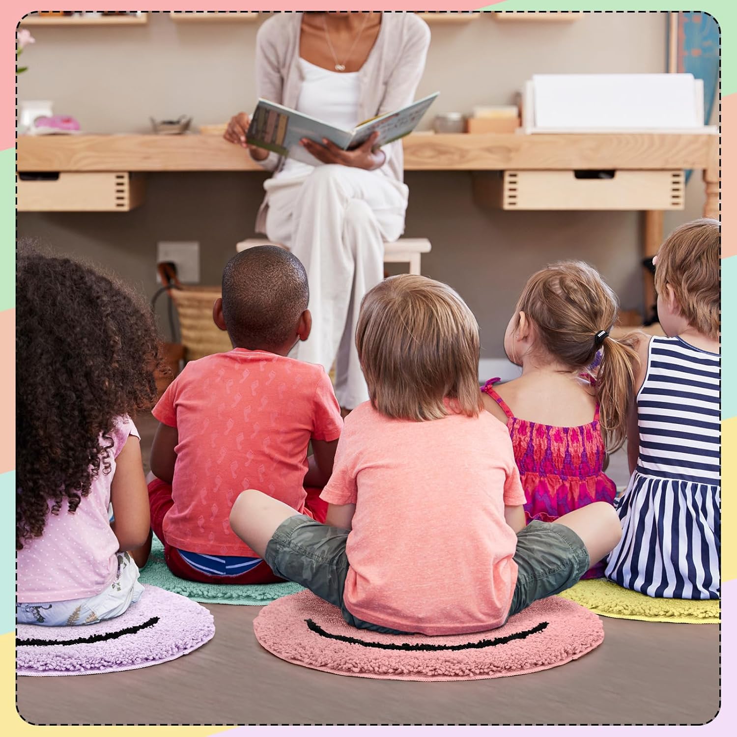 Tinideya 12 Pcs Kids Classroom Carpet Circle Seats 16 Inch Pastel Face Classroom Rugs Round Mats Educational Floor Cushions for School Group Activity Learning Play Areas
