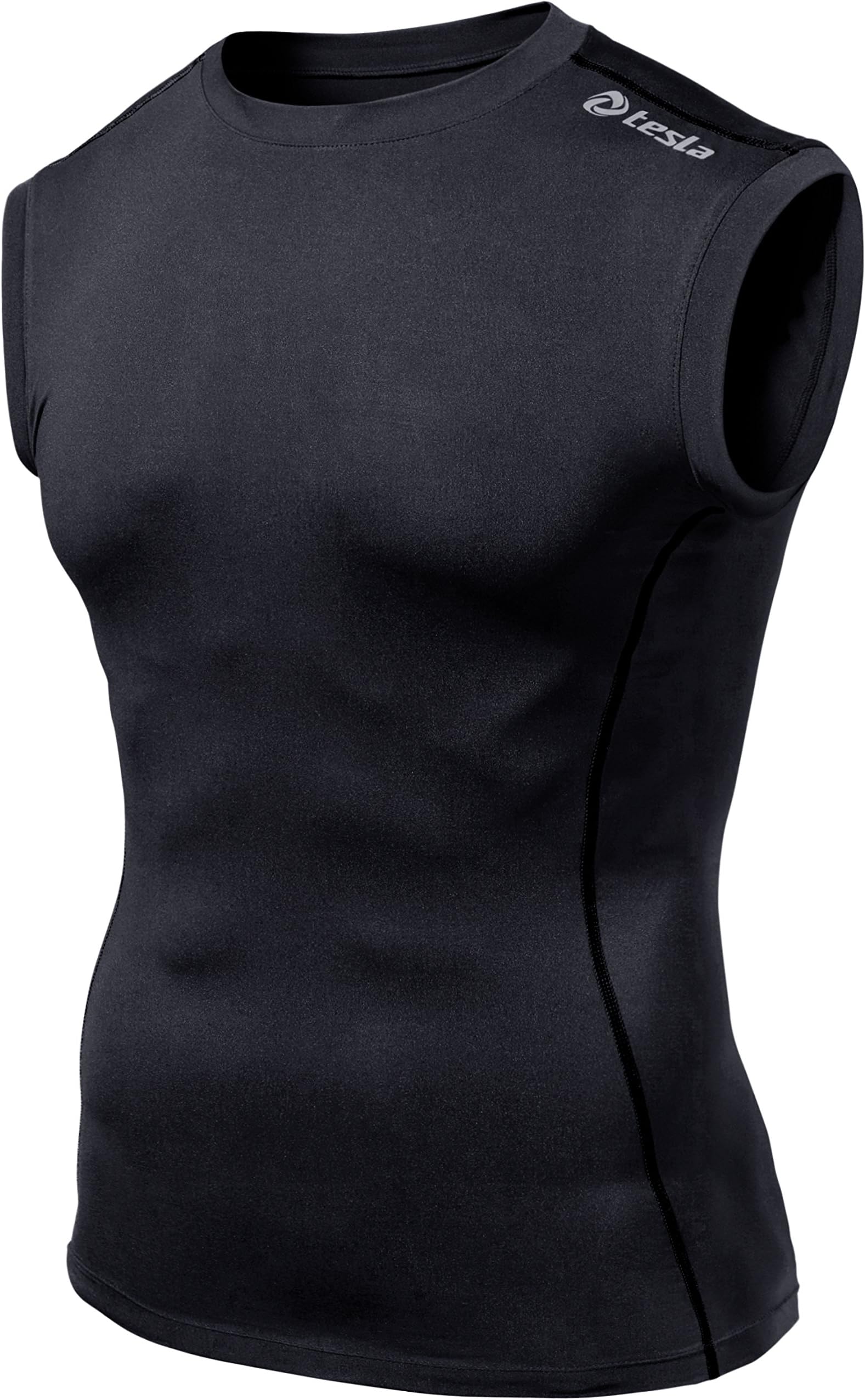 TSLA Men's Muscle Tank Sleeveless Compression Baselayer, Zero Round Neck(r15) - Black, Medium