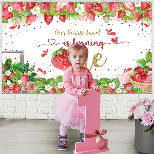 Miniatura 4 de Avezano Cartel de primer cumpleaños de fresa Berry Sweet Girl telón de fondo de primer cumpleaños Our Berry Sweet is Turning One Decoraciones para