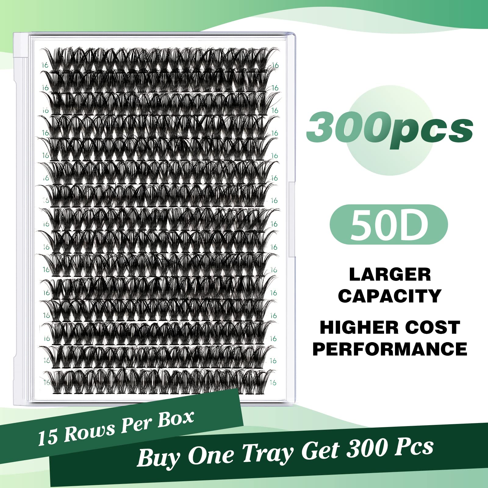 KEYYOU Wimpern Extensions 300pcs Cluster Lashes 50D D Curl 16mm Einzelne Wimpern Volume Natürlich Sanft Wimpernverlängerung（50D-D-16）