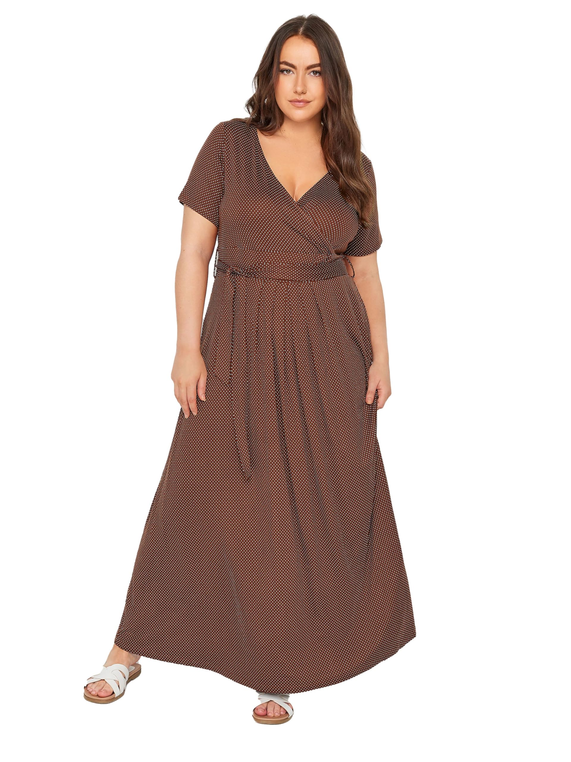 Yours Women's Brown Curve Dot Print Maxi Wrap Dress - Plus Curve 22-24 Plus