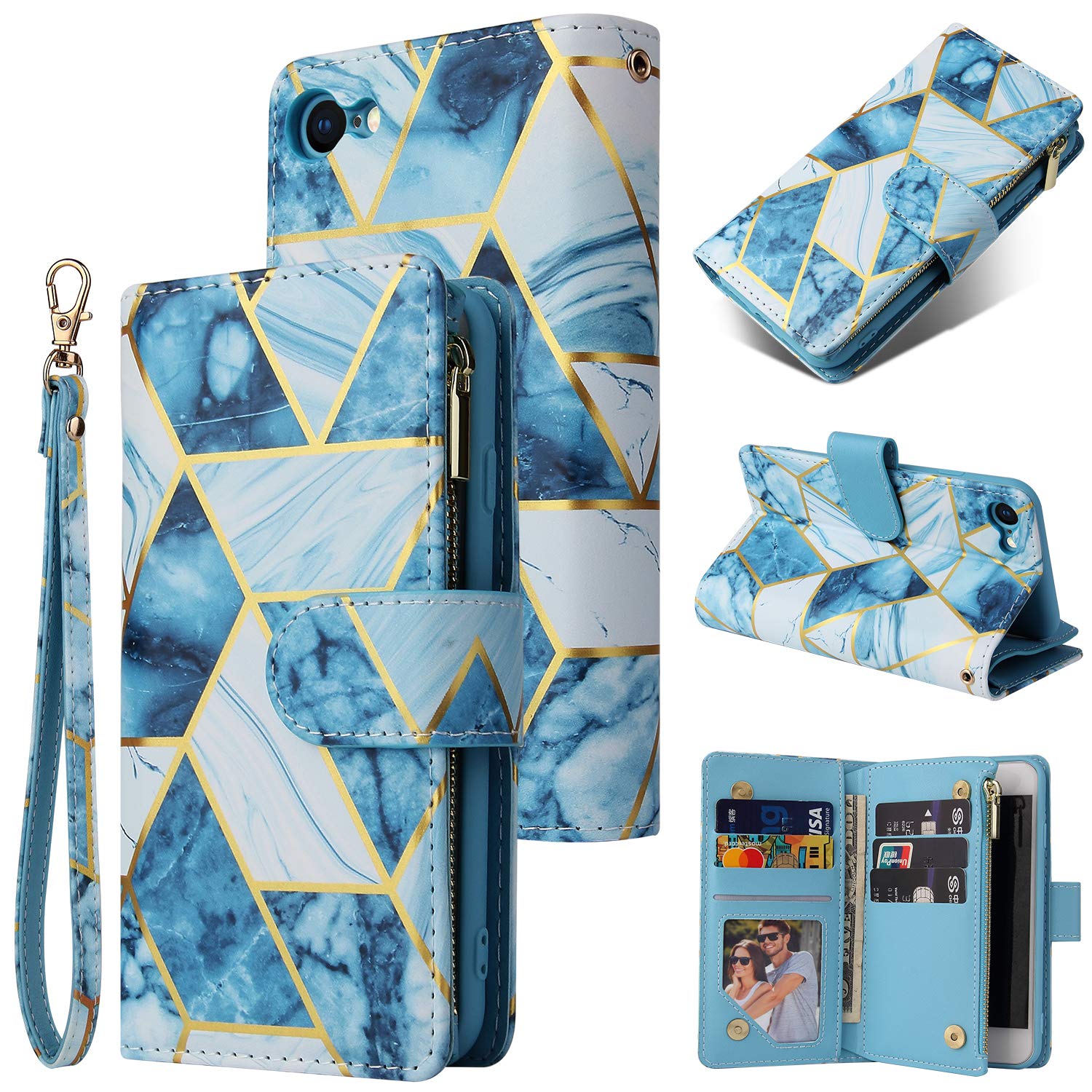 UEEBAI Wallet Case for iPhone 7/iPhone 8/iPhone SE, PU Leather Case Magnetic Closure Handbag Zipper Pocket Case Kickstand Card Slots with Hand Strap