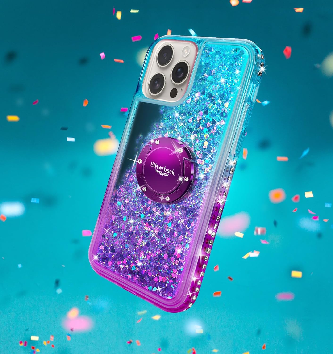 Silverback for iPhone 16 Pro Case, Moving Liquid Holographic Sparkle Glitter Case with Kickstand, Girls Women Bling Diamond Ring Protective Case for iPhone 16 Pro - Purple - Image 7