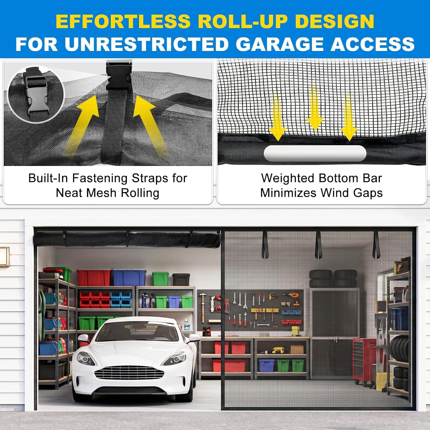 16x7FT Garage Door Screen for 2 Car | Fiberglass Mesh, Magnetic, Weighted