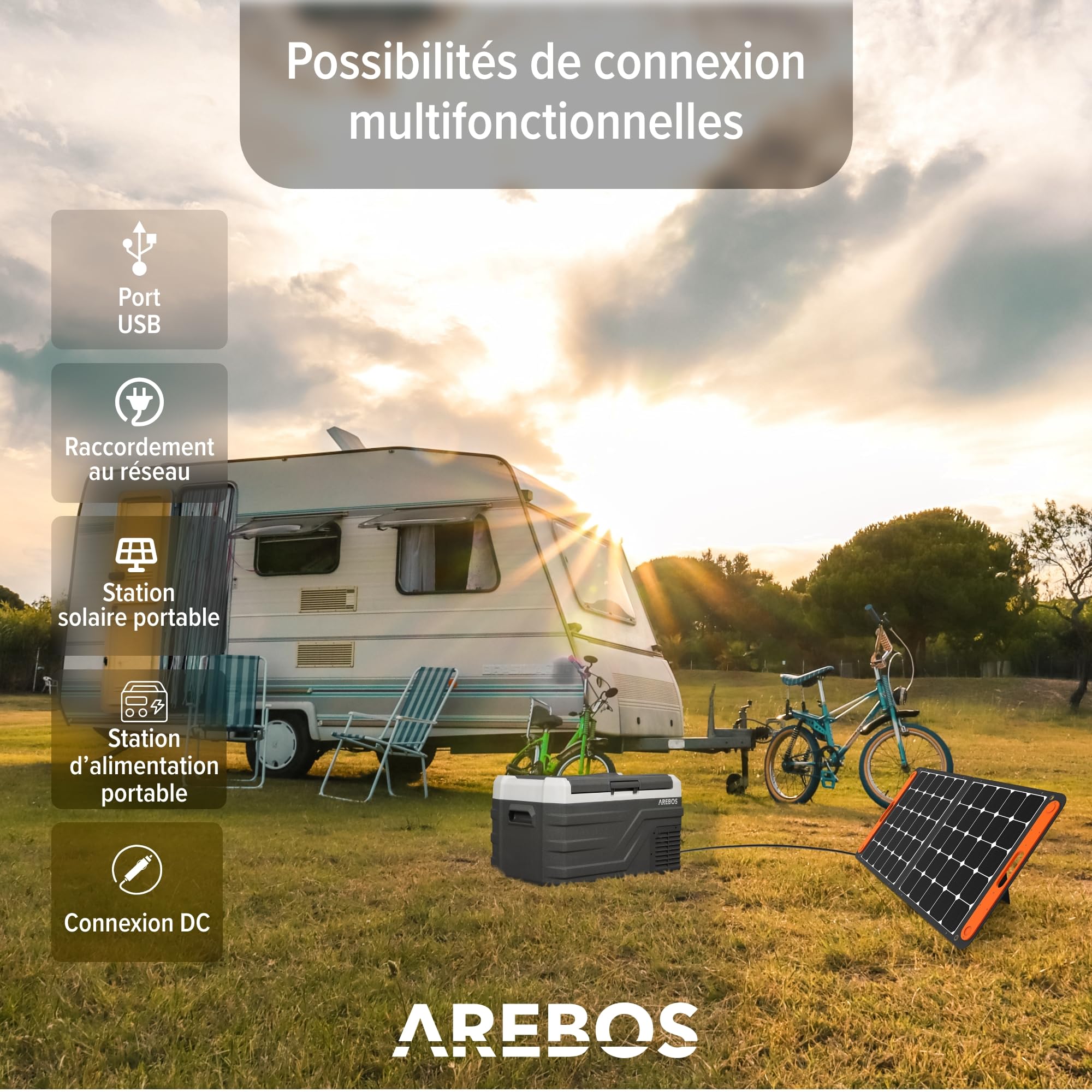 Arebos Glacière à compresseur 26 L | Réfrigérateur & congélateur Portable Jusqu’à -20 °C | Application & Commande Intelligente | 12/24V & 230V | USB | pour Voiture, Camion, Bateau, Camping-Car
