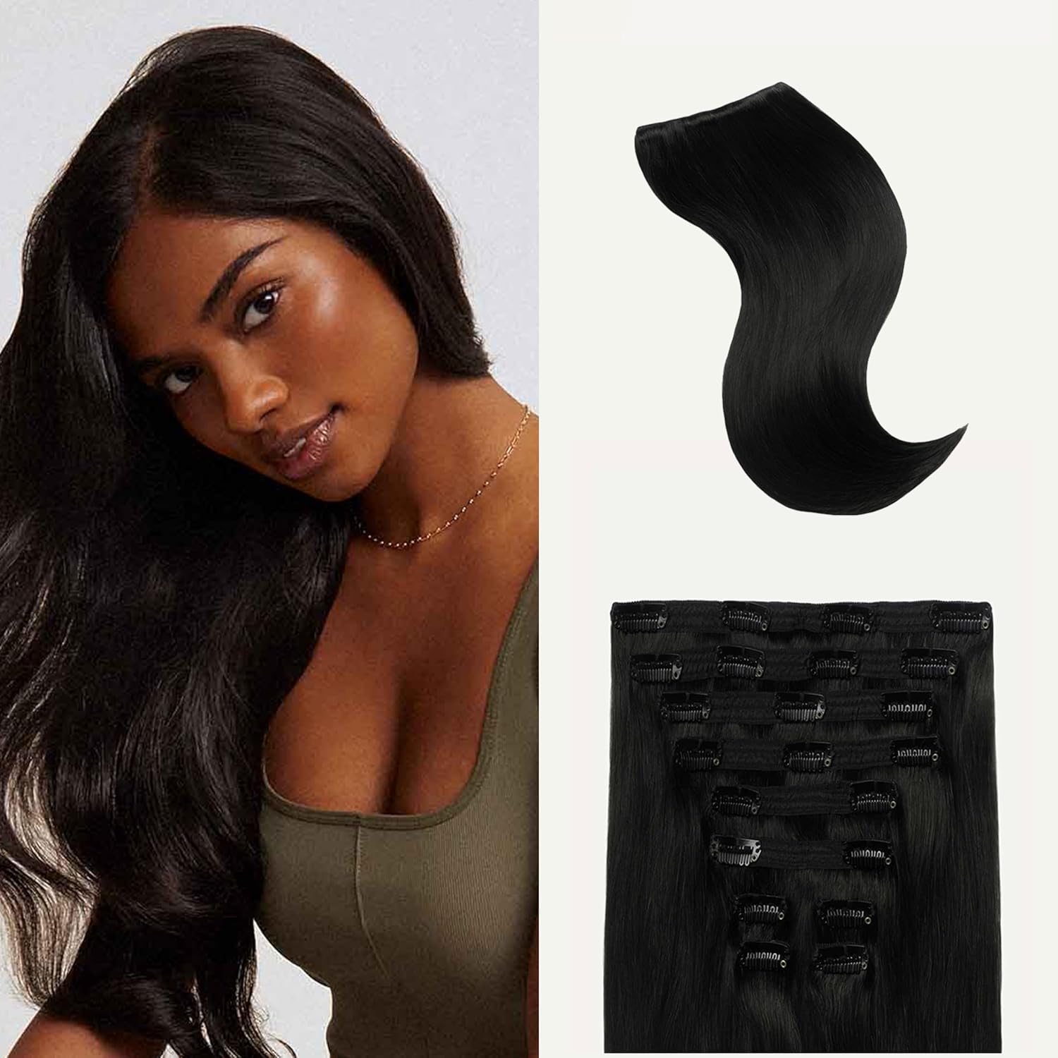 Luxy 100% Remy Human Hair, Classic 160g Clip-In Hair Extensions - 10 Wefts Multi-Dimensional Color for Natural Blending, Adds Volume & Length, Easy Apply & Remove 16" Off Black Classic