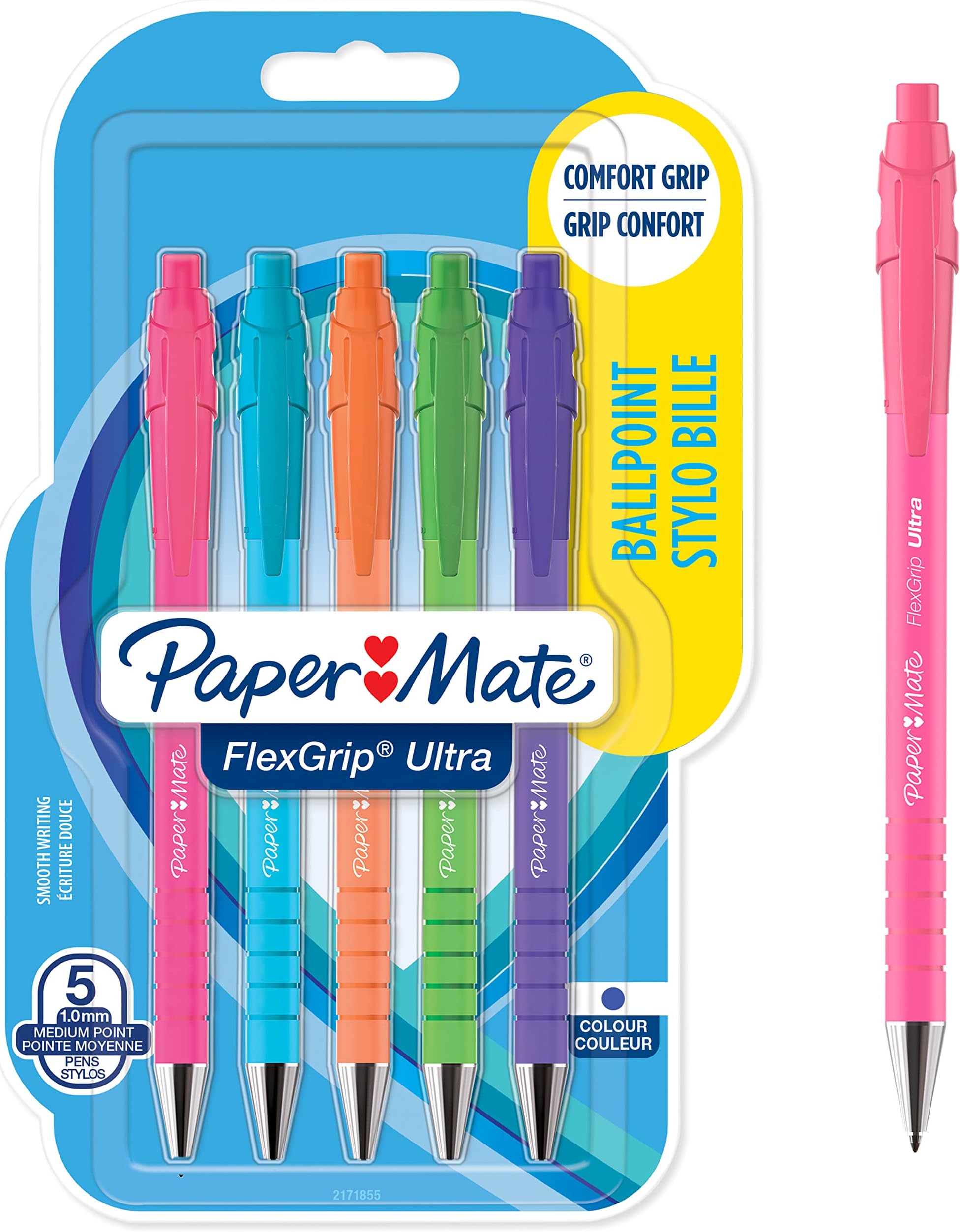 Paper Mate Flexgrip Ultra Bright Ballpoint Pens | Medium Point (1.0mm) | Blue Ink | Bright Barrels | 5 Count