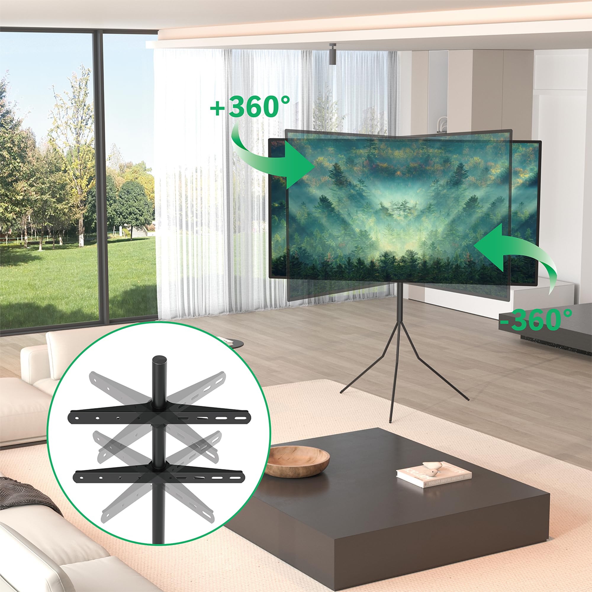 Tripod 400 TV Ständer Bodenständer Schwarz für 32–55 Zoll – Fernseher Ständer mit 360° Rotation, VESA bis 400x400 mm, 30 kg Traglast, mobiler TV Halterung & Ständer