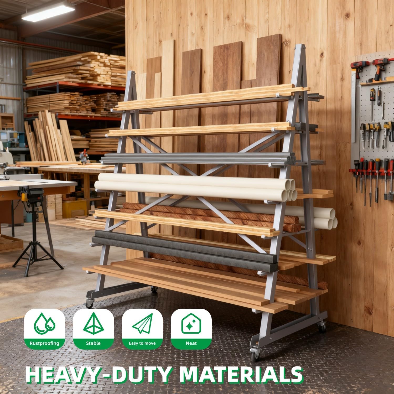 7-Tier Floor Standing Lumber Horizontal Storage Rack, Heavy-Duty Metal Adjustable Arms Pallet Racking, Up to 2500 LBS, Free Standing Bar Storage Cantilever Rack for Basement