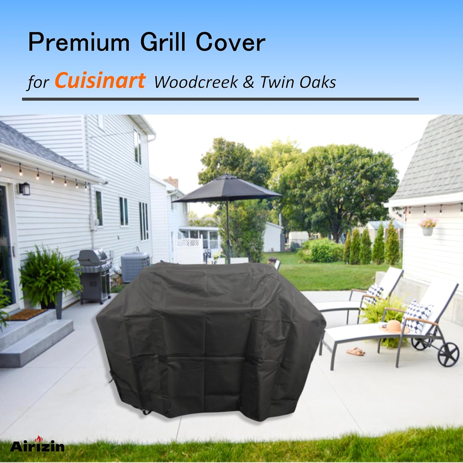 Airizin Premium Grill Cover installed on an outdoor grill in a patio setting, demonstrating its fit and appearance.
