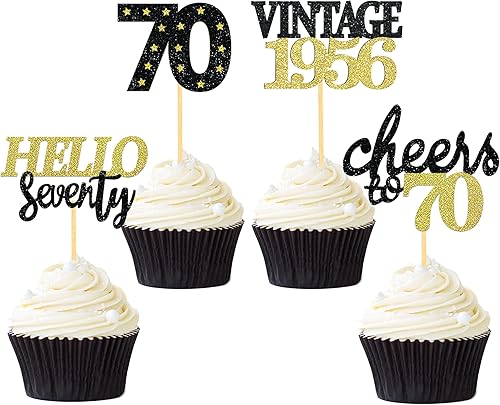 24 adornos para cupcakes con purpurina para cumpleaños número 70 para celebrar 70 cumpleaños, decoraciones para fiestas de cumpleaños de setenta