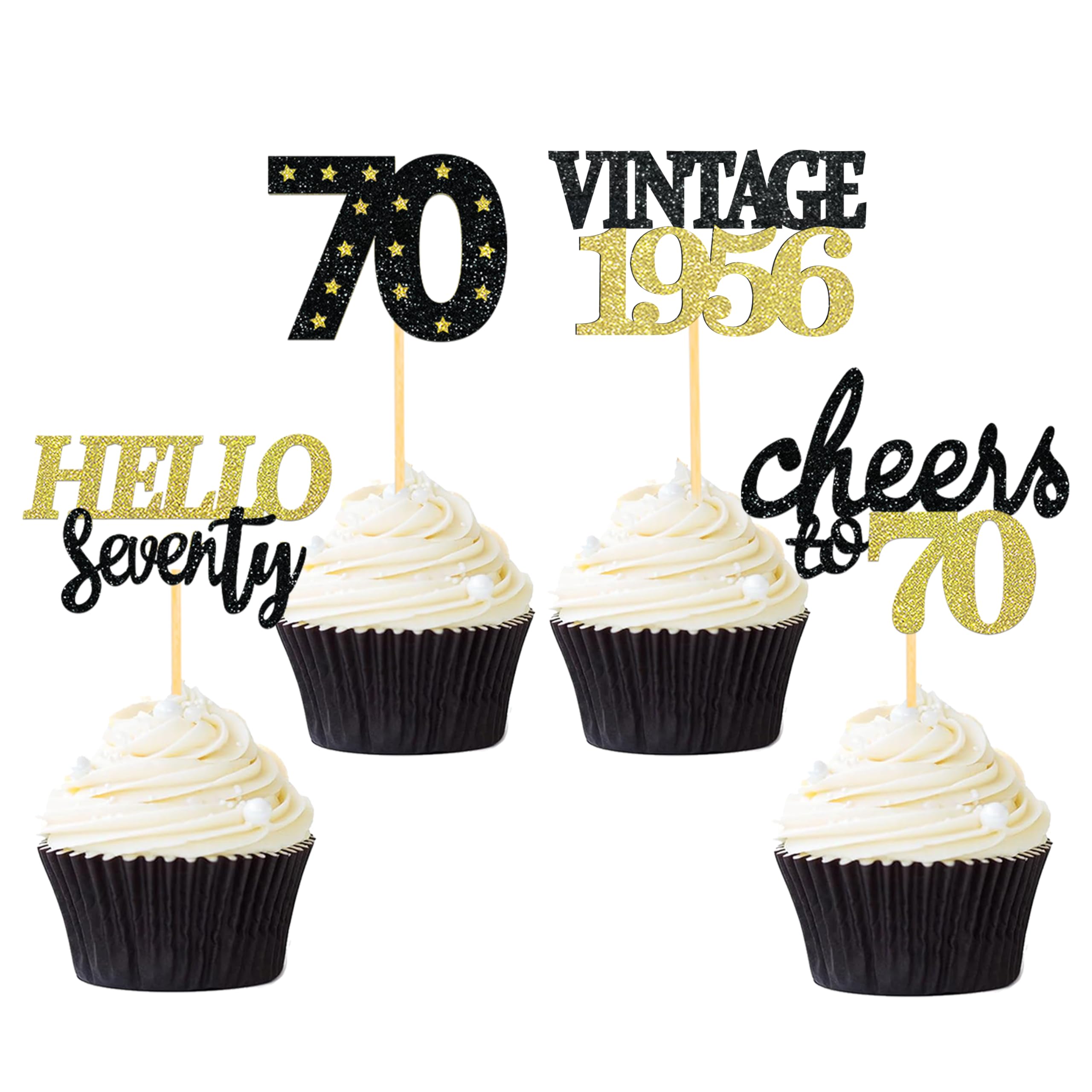 24 Pcs Glitter 70th Birthday Cupcake Toppers for Celebrating 70th Birthday Party Decorations for Seventy Years Old Birthday Party Supplies (Black&Gold