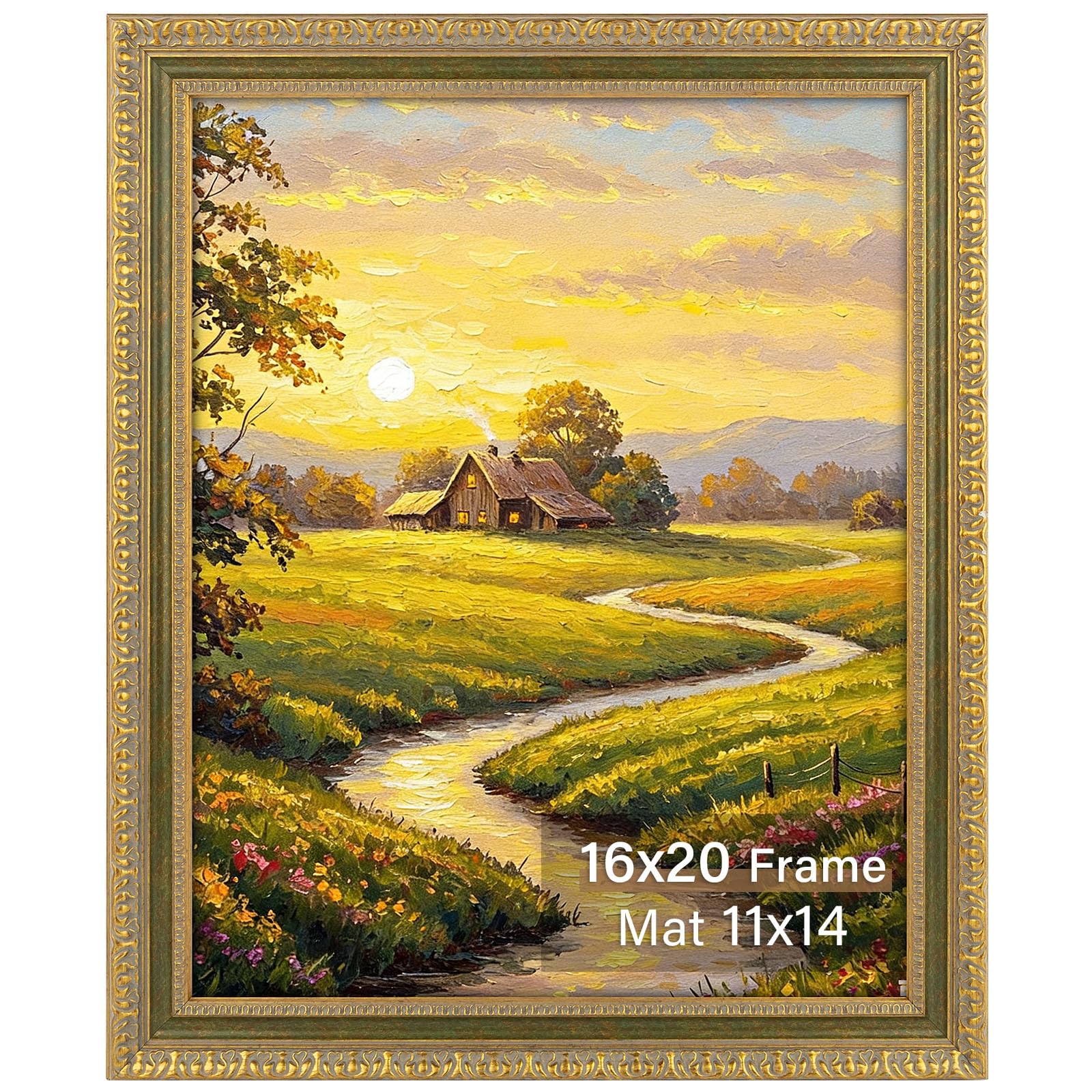 Cadre photo 40x50 cm doré et vert Frametory avec passe-partout blanc pour souvenir