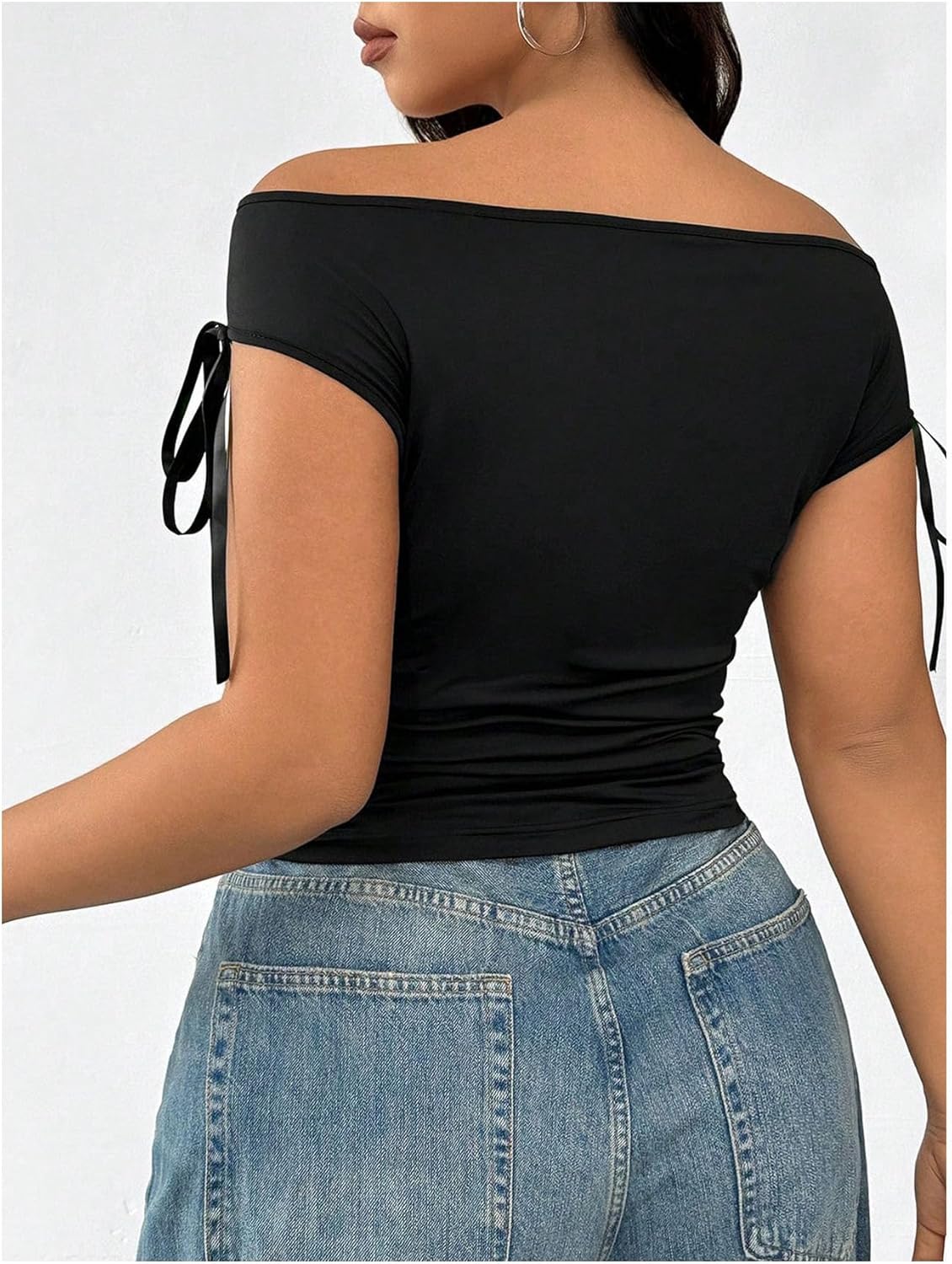 WDIRARA Women's Plus Size Off Shoulder T Shirts Ruched Knot Short Sleeve Tee Tops - Image 2