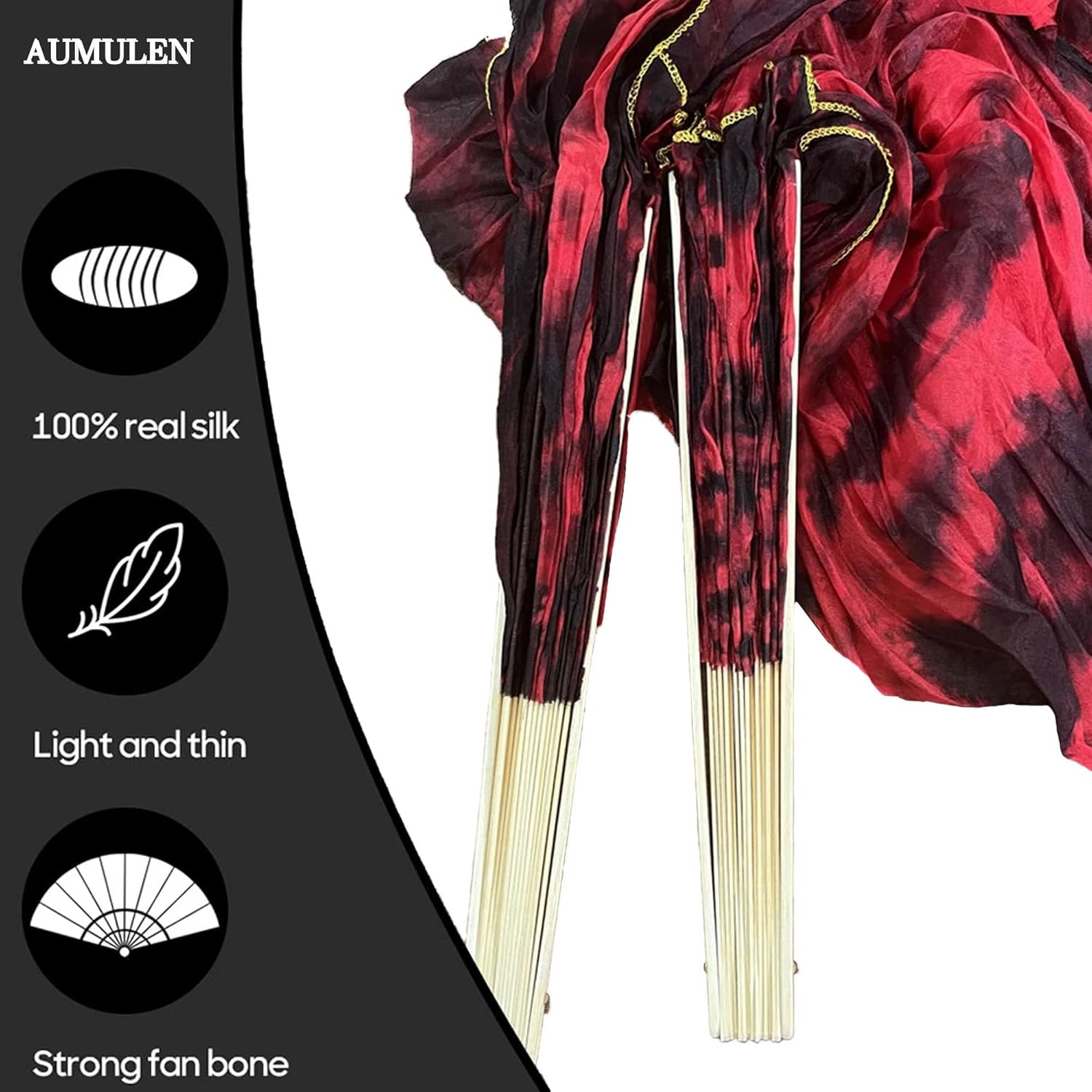 Aumulen Women 1 Pair (Left+Right) Real Silk Belly Dance Fan Veils Hand Made Colorful Tie-Dyed Dance Fans - Image 4