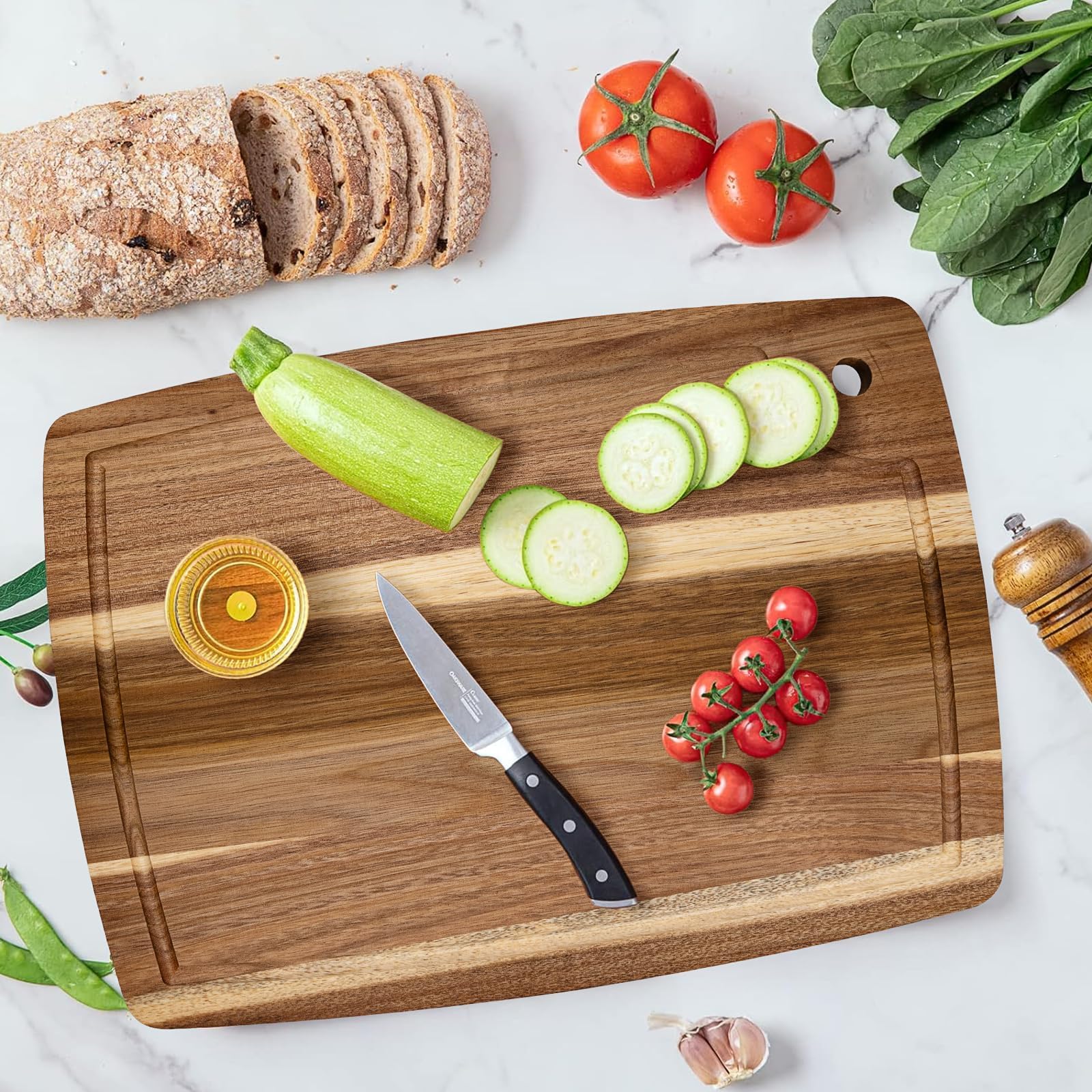 Lot de 6 Planches à Découper en Bois d’Acacia Naturel 35 x 25 cm – Planche de Cuisine Réversible avec Rigole à Jus, Solide et Polyvalente pour Viande, Fromage, Légumes et Pain
