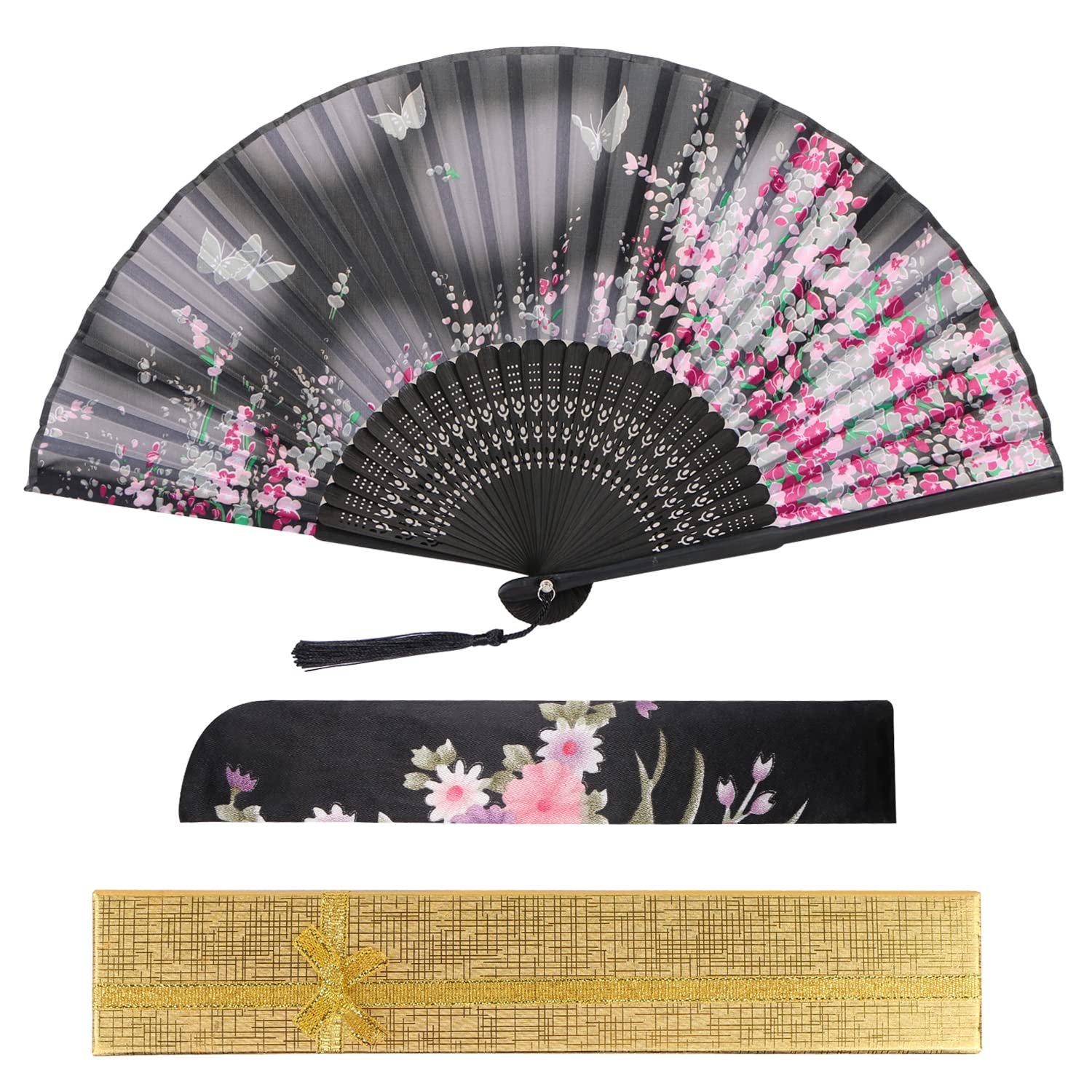 [YOVOY] 扇子 レディース おしゃれ シルク 和風扇子 大きい 短地扇子 女性 花柄 プレゼント 花火大会 浴衣 着物 和装小物 お祭り 猛暑対策 ギフト袋と箱付き 3点セット