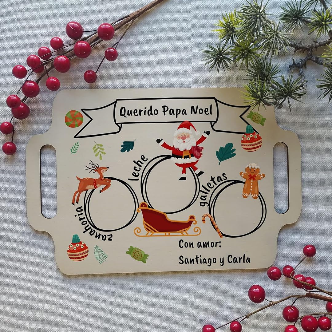 EVYRE | Bandeja de Madera Personalizada | Medida Perfecta 300 x 200 x 3 mm | Bandejas Decorativas de Navidad con Nombre | Adornos Mesa Navidad | Regalo Personalizado Navidad | Bandeja Madera Papa Noel