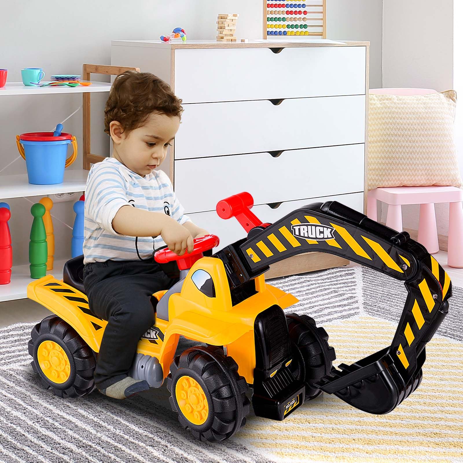 LIFEZEAL Escavatore Elettrico, Ruspa Cavalcabile, Scavatrice Cingolata per Bambini 3+ Anni, Spazio di Stoccaggio, Effetto di Suoni, con Pietra e Casco, Antiribaltamento, Peso Max 25 kg, 89x45x30 cm