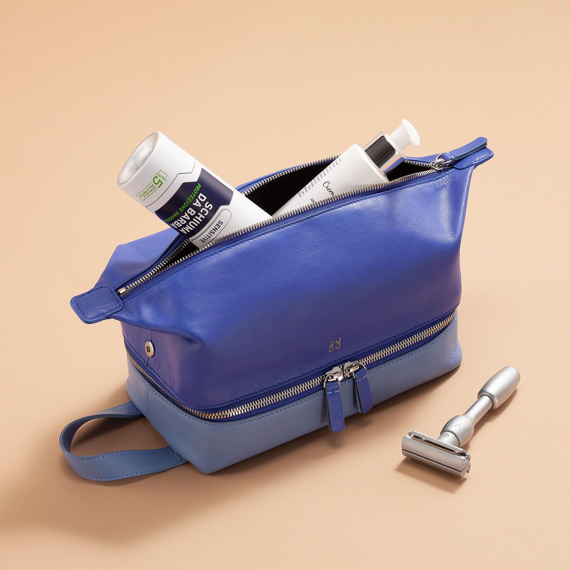 DUDU Beauty Case da Viaggio Uomo Donna, Borsa da Toilette in Pelle Colorata a Mano, 2 Scomparti con Maniglia Nero