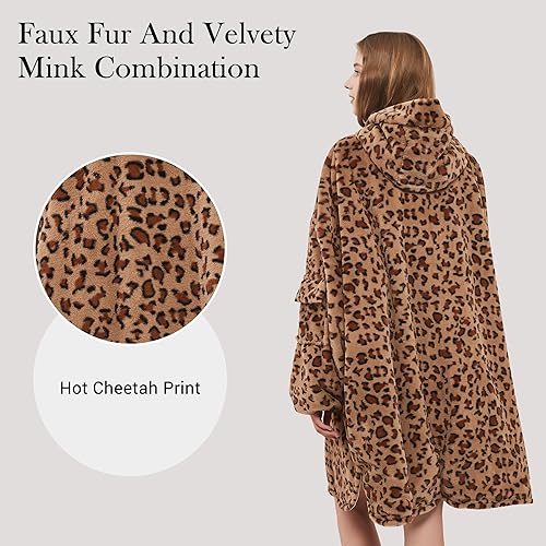 Miniatura 5 de Viviland Manta con capucha de gran tamaño, súper suave y cálida, regalos para mujeres, hombres y adolescentes, estampado de guepardo marrón