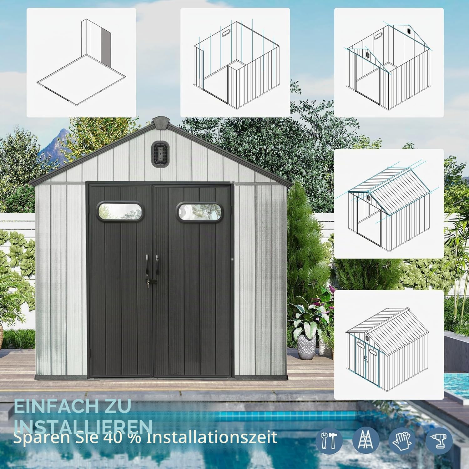 Gartenhaus Kunststoff Wetterfest UV-beständig Doppelwand-Konstruktion abschließbar Gartenschuppen 2,4 x 2,4 m Grau