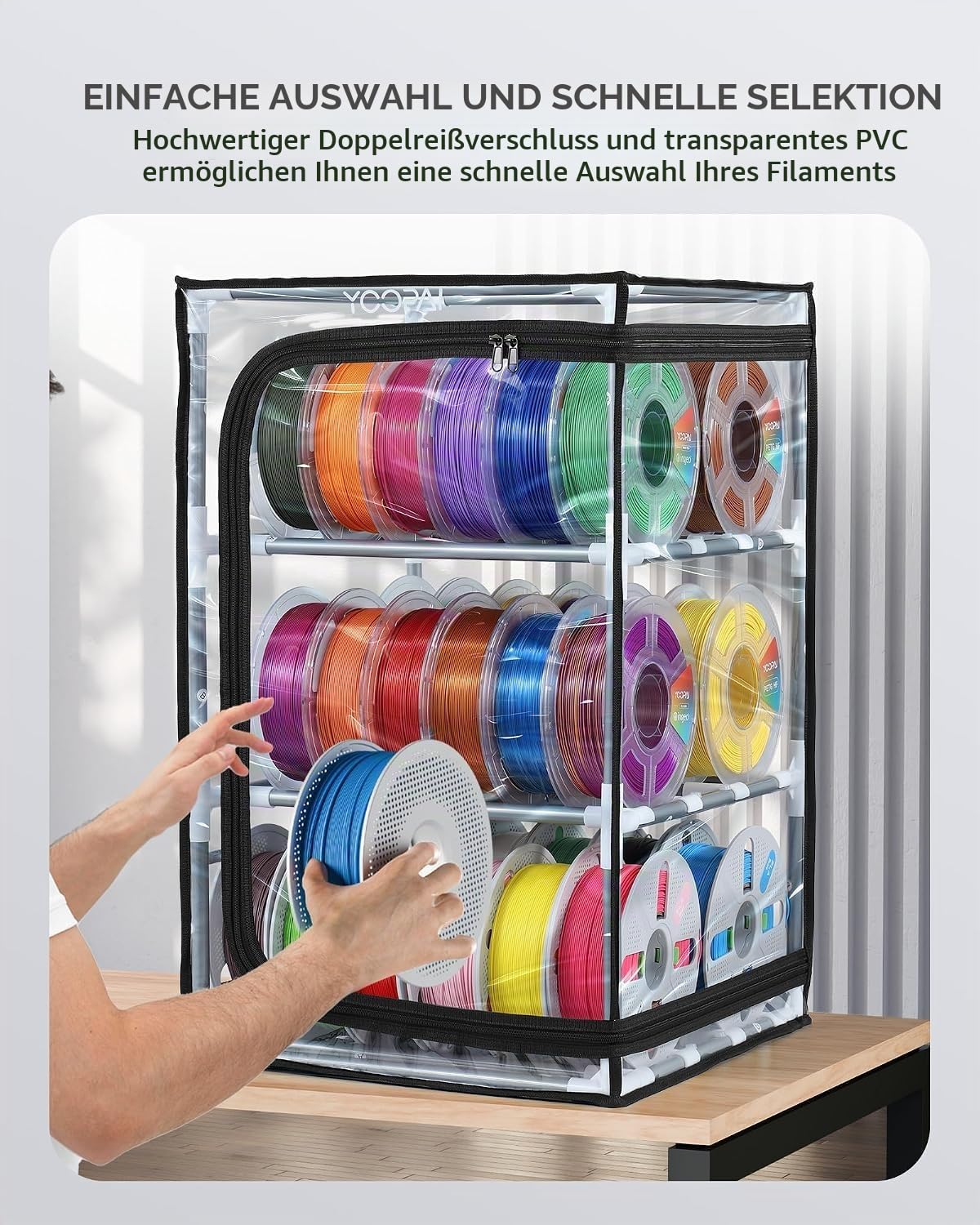 YOOPAI Filament Aufbewahrungsbox, 3-stöckiges Metall Regal mit transparenter Abdeckung & Trockenmittel – Für 30 Rollen (PLA, ABS, PETG, TPU), luftdichtes Design, platzsparend für Werkstatt & Heim