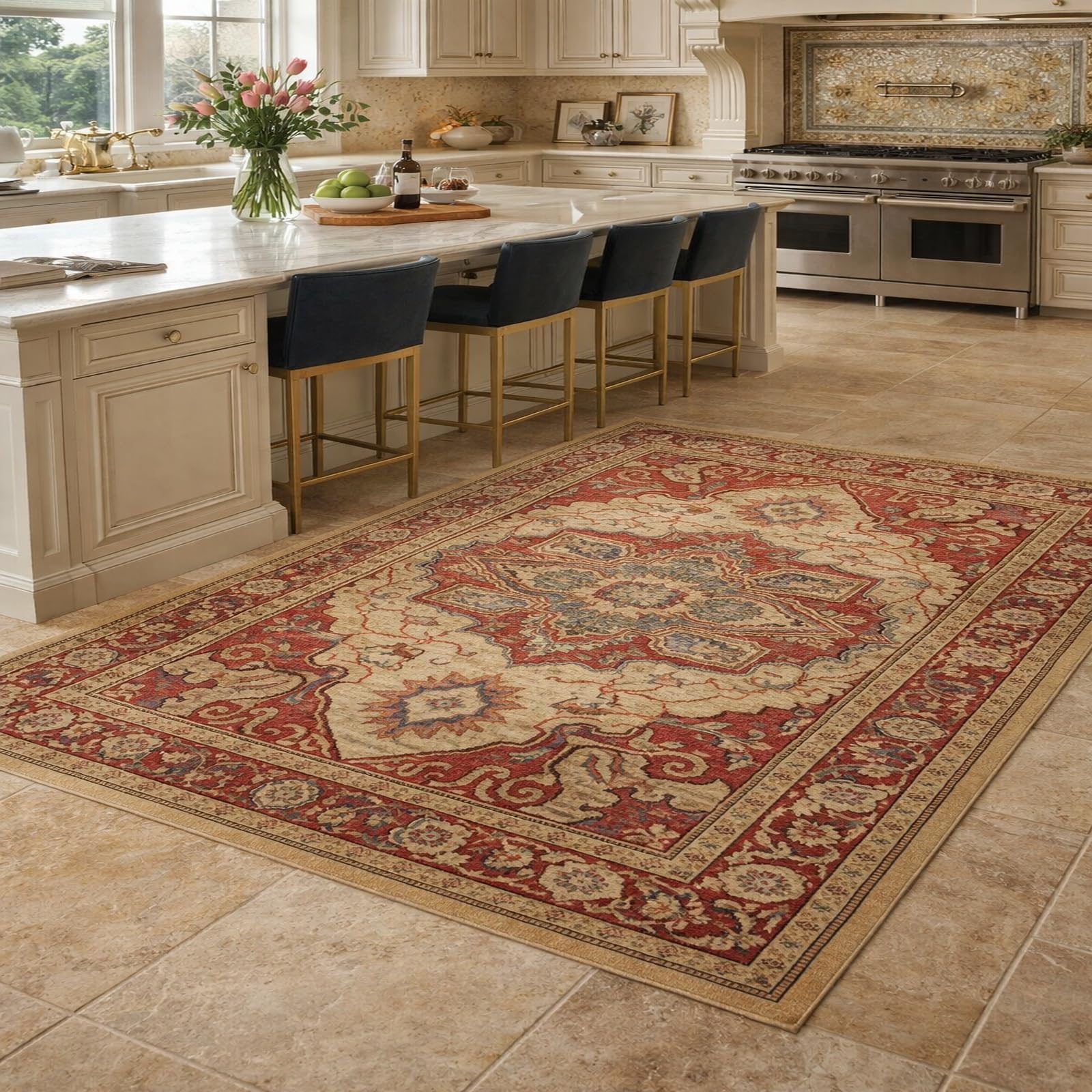 Tapis de salon oriental rouge et beige 120 x 200 cm pour chambre