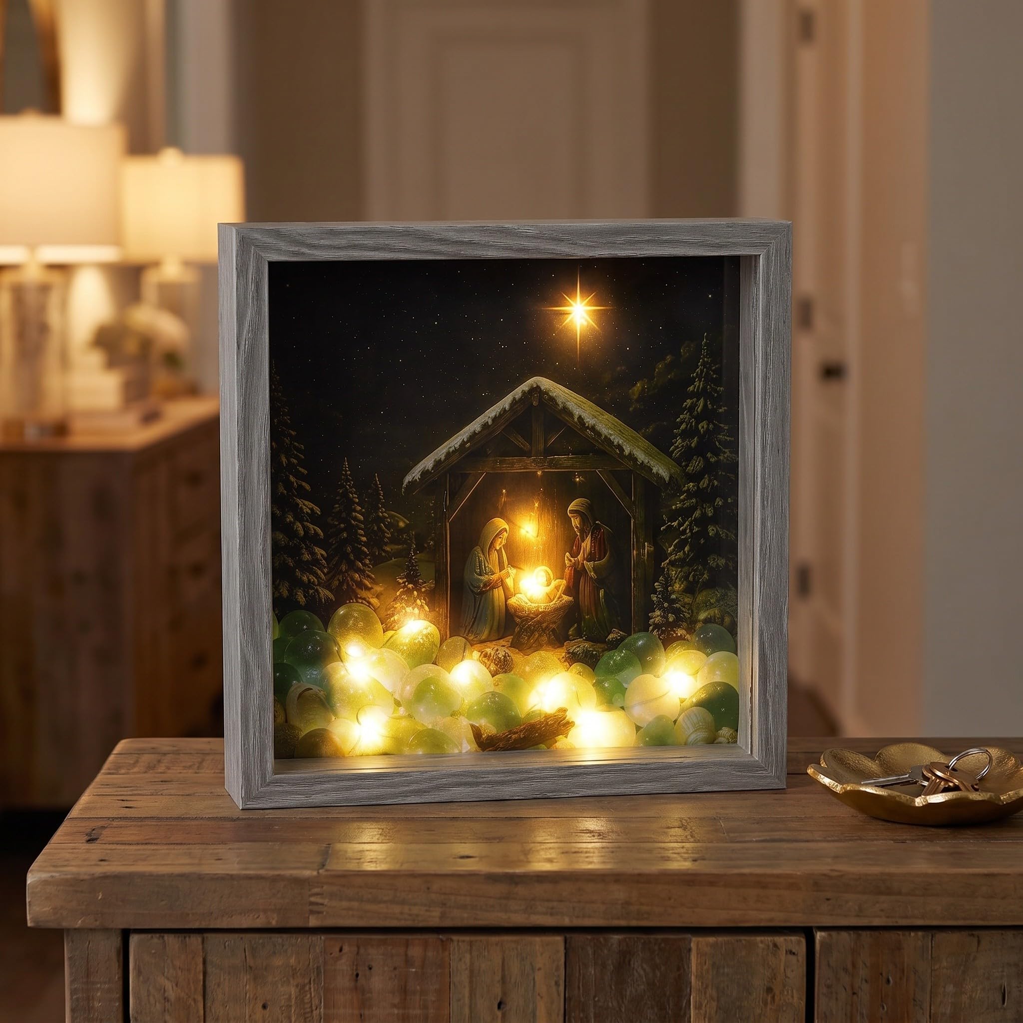 Zerodeko Caja decorativa navideña con diseño de belén: marco de fotos navideño con iluminación LED, marco de madera rústica para fotos navideñas, alimentado por USB para mesa, repisa o chimenea,
