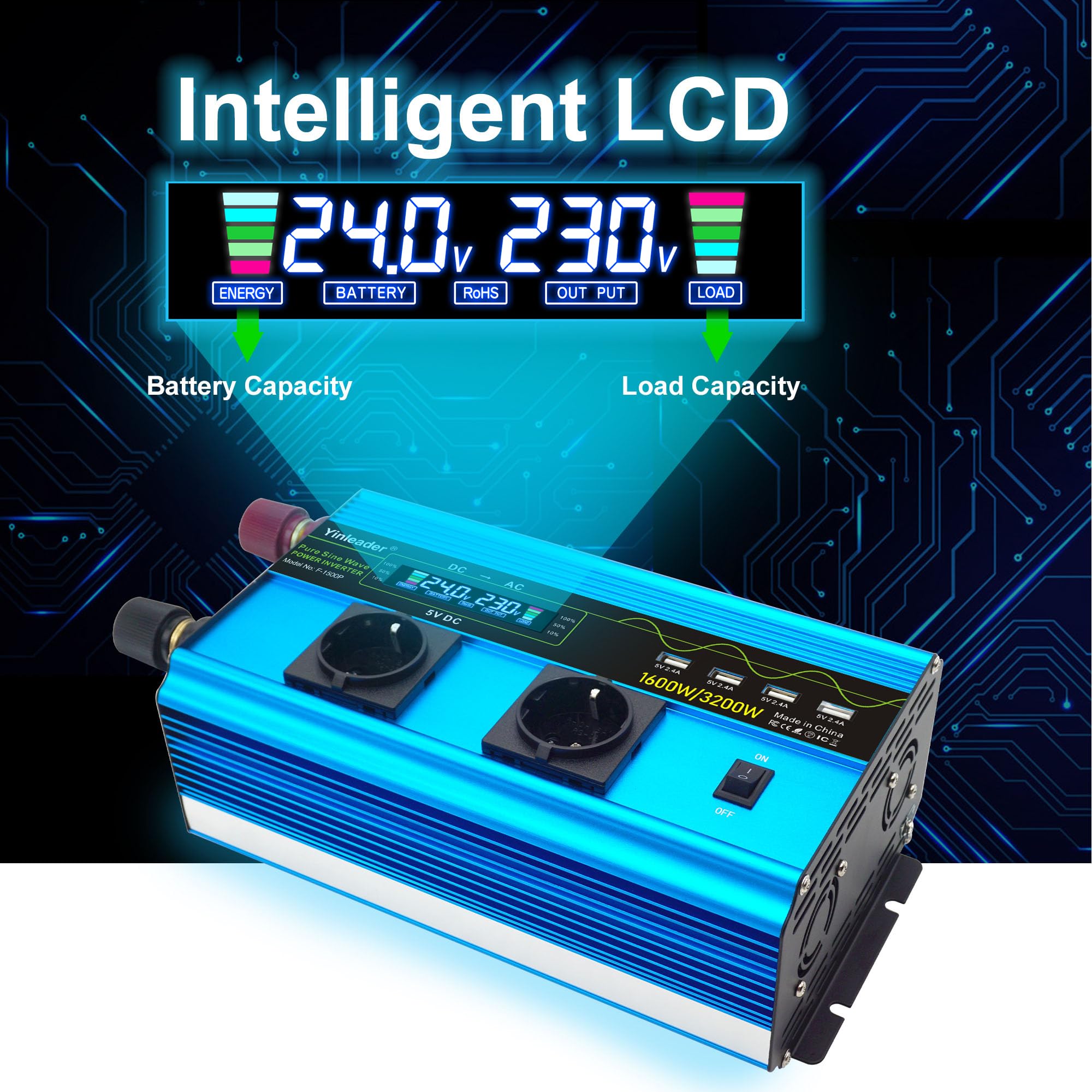 Yinleader 24V 230V 1600W Convertisseur de Tension sinusoïdale Pur 2 x EU Prises de Courant et 4 Ports USB