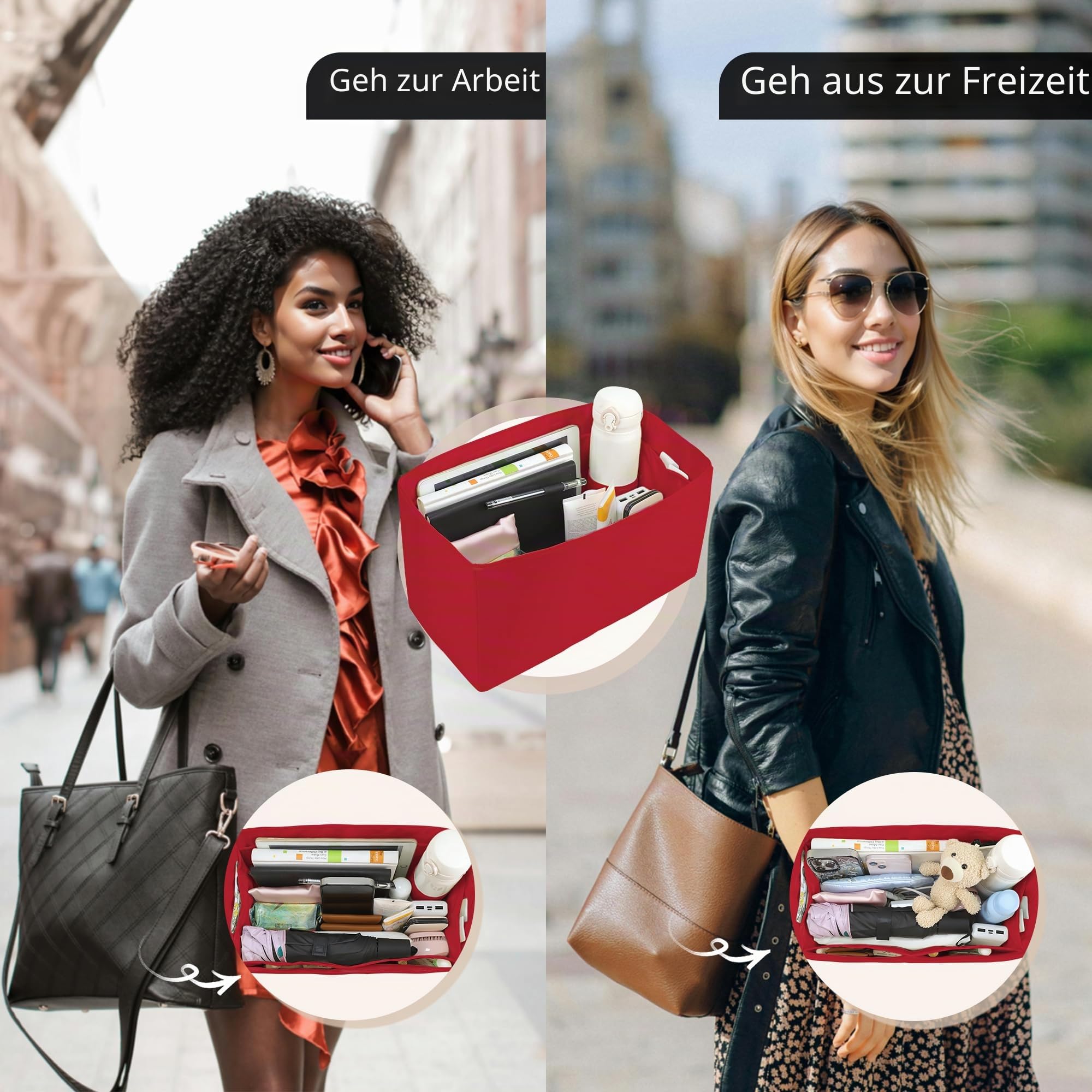 Taschenorganizer.HandtaschenOrganizer.MultiTaschenDesign,faltbar,handgefertigt aus Nylon und Satin,seidig und glatt,kann für viele Taschen verwendet werden(XL-Rouge moyen)
