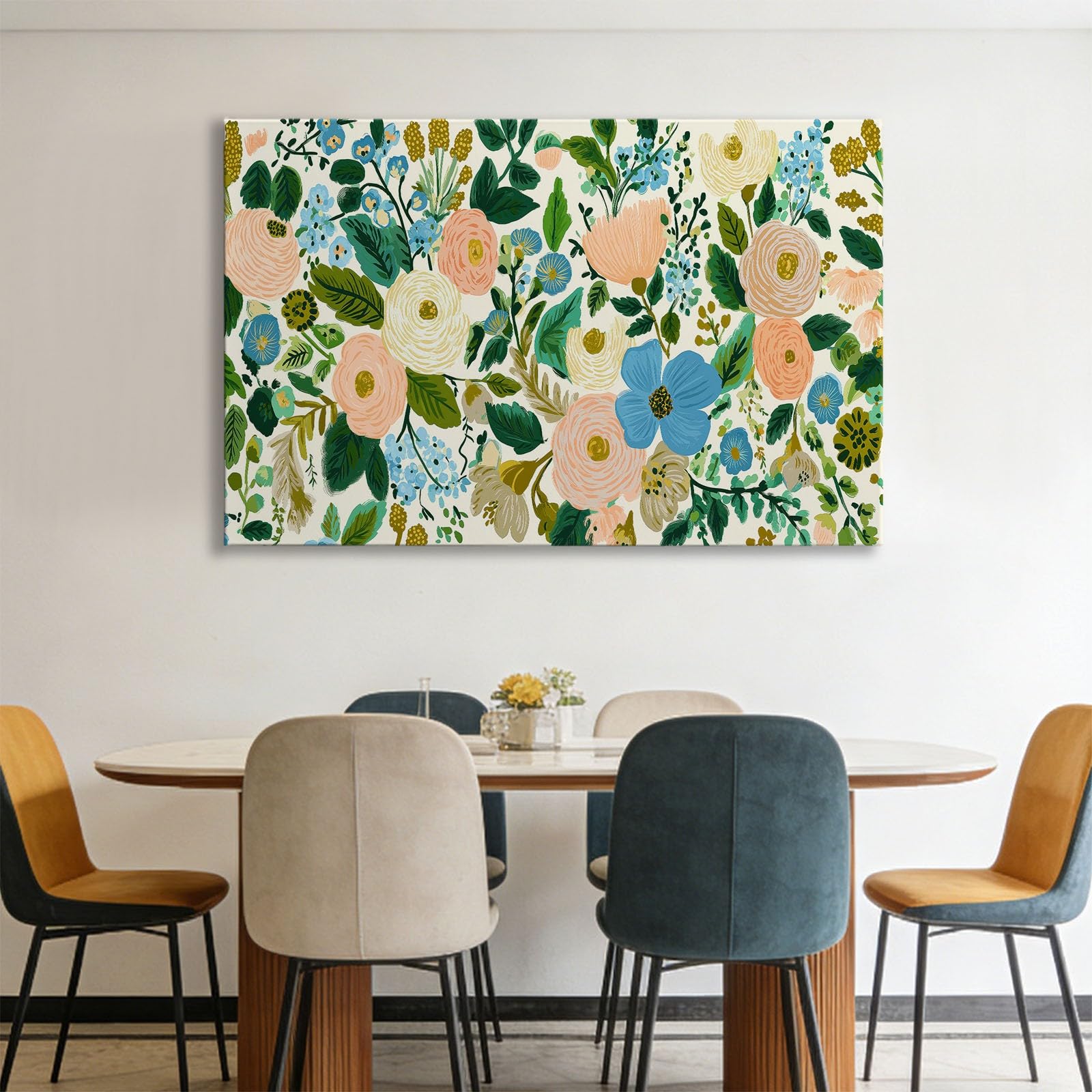 Pflanzen Garten Blumen Gänseblümchen Blätter Modernes Leinwandbild 120L x 60B cm mit Rahmen, Landhausstil XXL Wanddeko für Wohnzimmer Geschenk Idee Einzug - Hochwertiger Kunstdruck auf Holzrahmen
