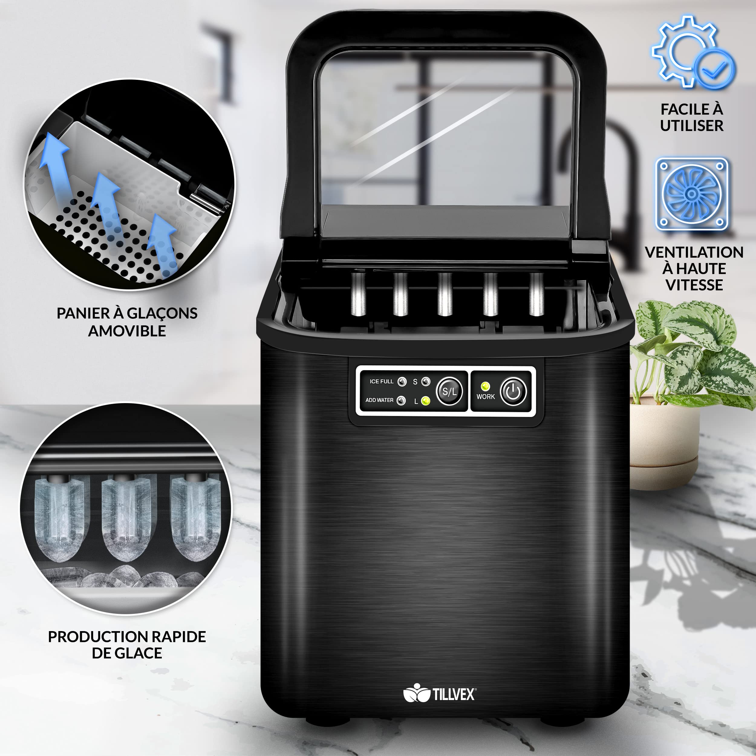 tillvex Machine à glaçons en inox 12 kg - 24 h | Préparation de glaçons réservoir 2,2 litres | Ice Maker écran LED et nettoyage automatique | 2 tailles de glaçons