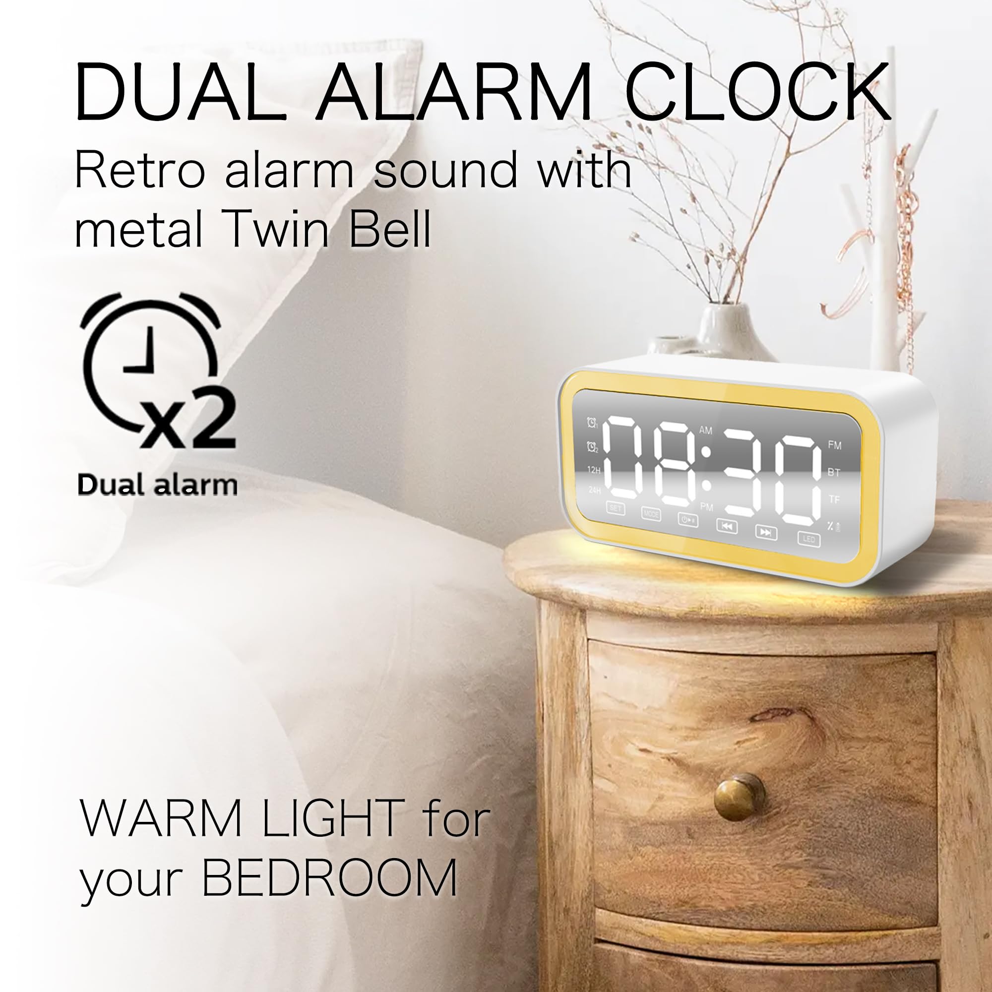 Despertador Digital Luz Amanecer, Altavoz Bluetooth Potente, LED, Radio FM, Doble Alarma, para Niños, Adolescentes y Adultos (Blanco)