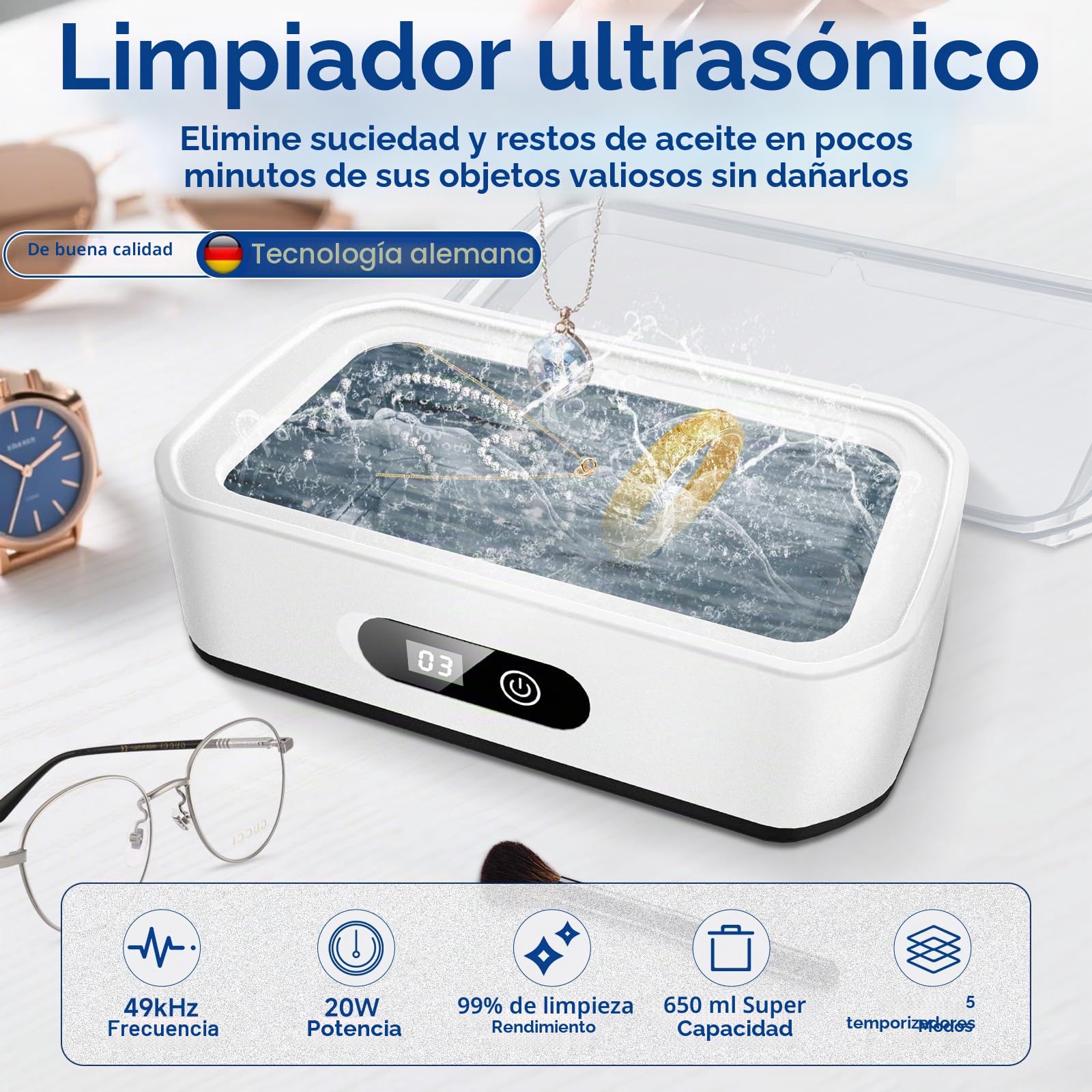 Dispositivo de Limpieza ultrasónica, 49000 Hz, Limpiador ultrasónico, Dispositivo de Limpieza de Gafas de 650 ml con 5 Funciones de Tiempo, Limpiador ultrasónico Profesional para Limpiar Gafas