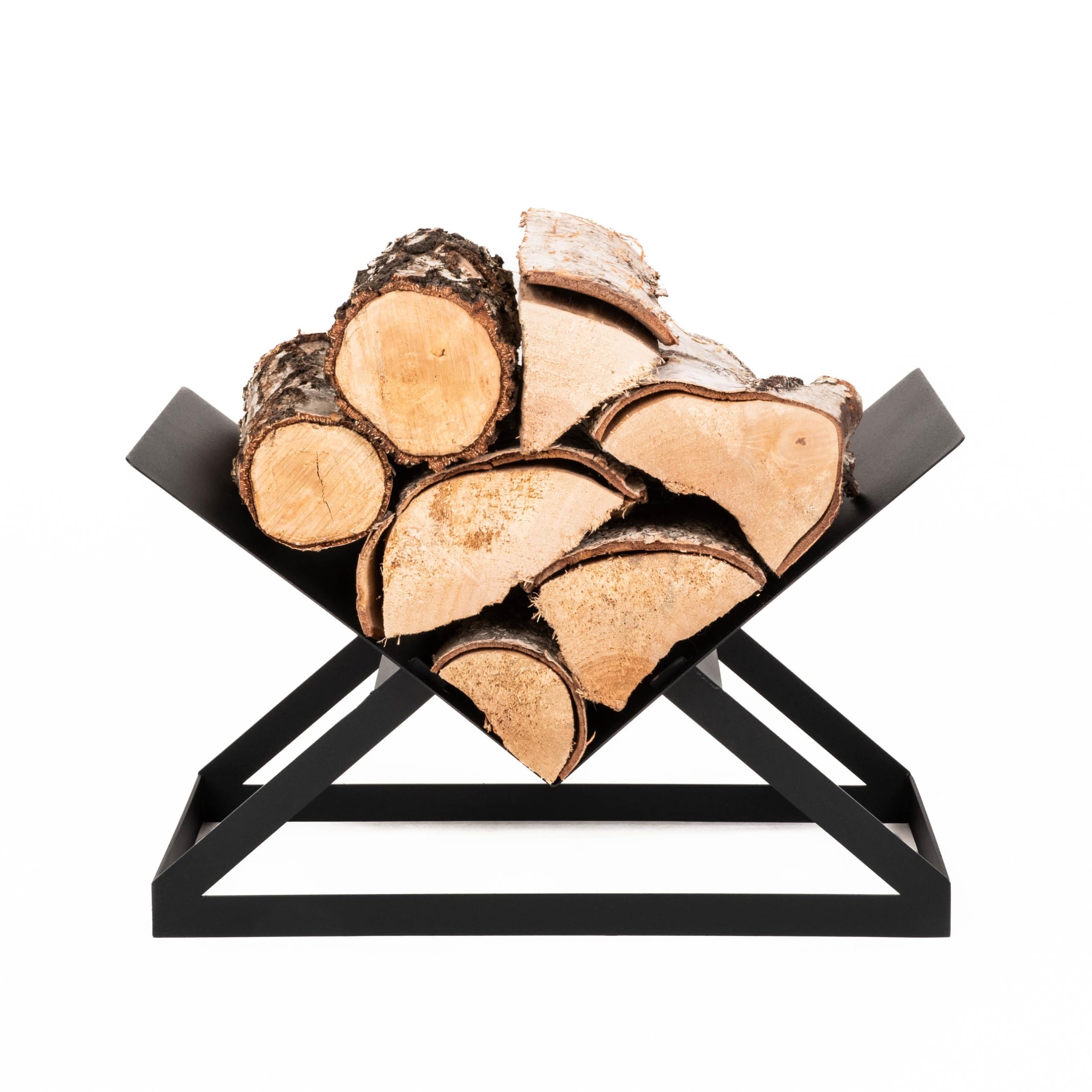 Kapaga – Dreieckiger Kaminholzständer aus Metall, Kaminholzregal 26x37,5x55 cm, Holzlager innen, geschweißt – sofort einsatzbereit, pulverbeschichtet, Feuerholzständer, Brennholzkorb - Schwarz
