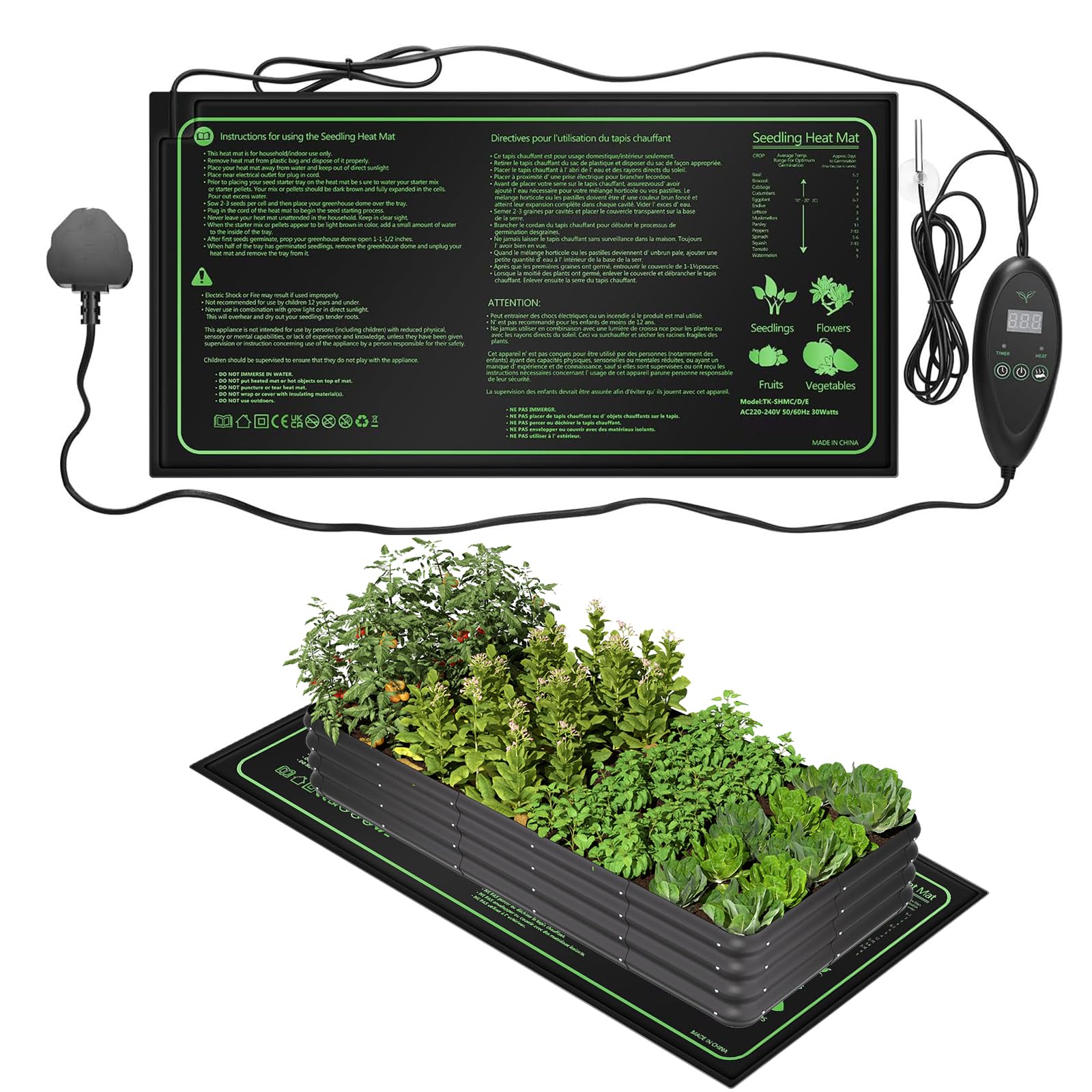 JOPWUE Tapis chauffant pour semis avec contrôleur de thermostat numérique, 25,4 x 50,8 cm, ensemble de tapis chauffants imperméables pour plantes, réglage de 6 températures, minuterie à 6 vitesses