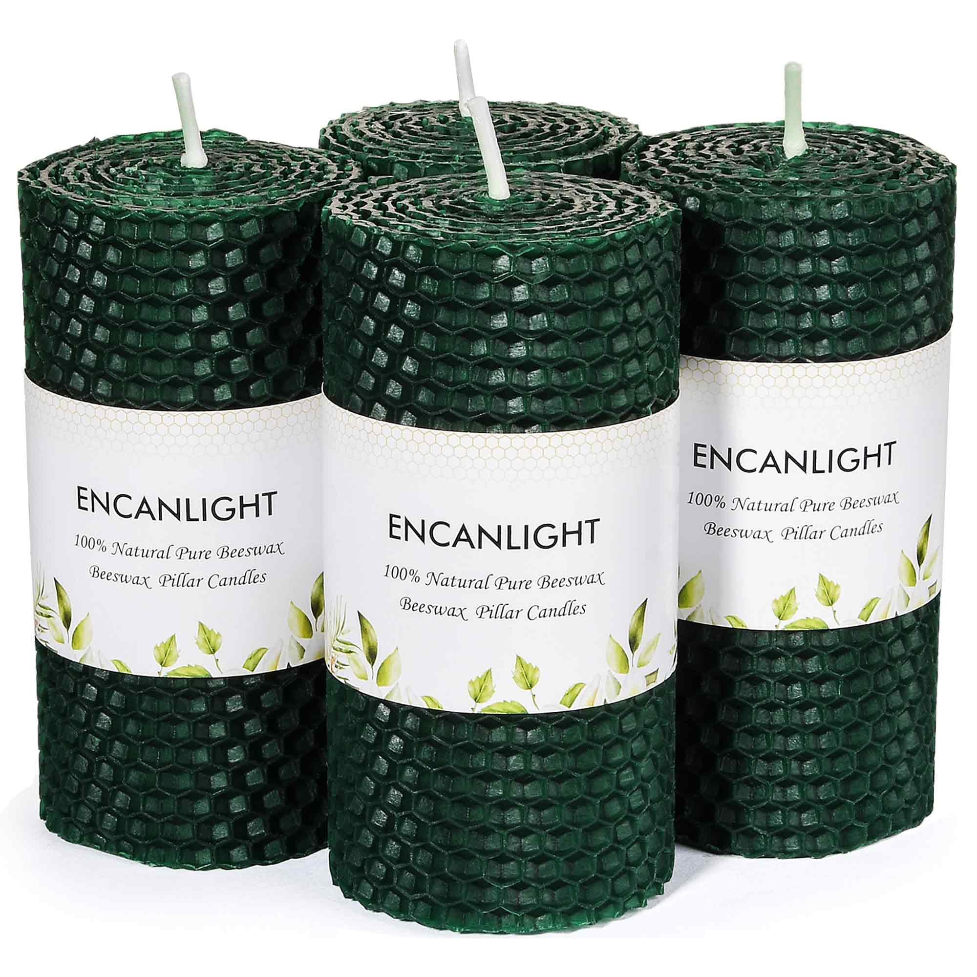Beeswax Pillar Candles, 2x4 Inch Green Honeycomb Bees Wax Pillar Candle Set of 4 - Unscented Smokeless and Dripless - Approx 9 Hours Burn for Home Decor, Party, Christmas, Dinner