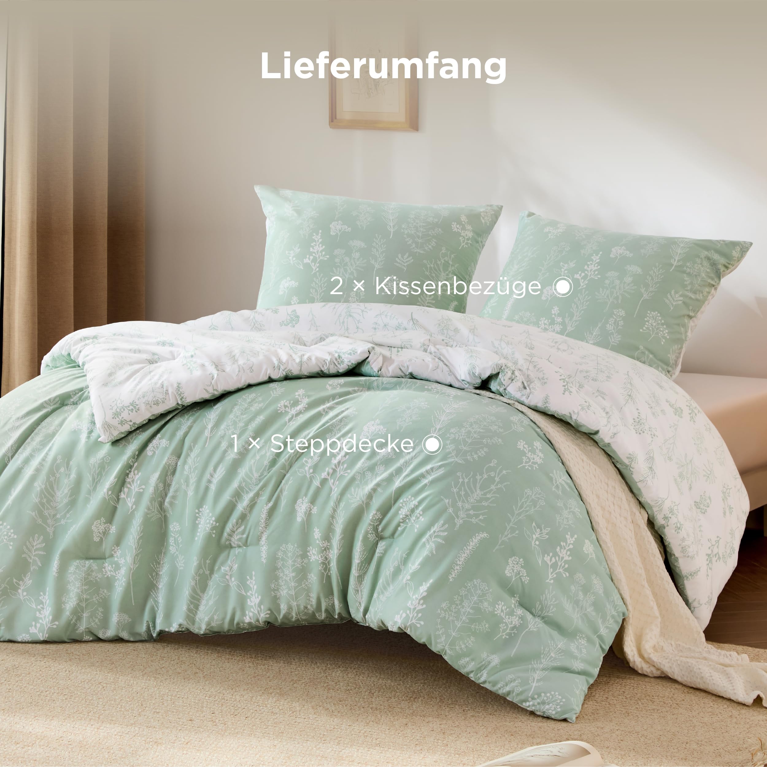 BEDSURE Bettdecke Ohne Bezug 200x200 - Bettdecke 200x200cm mit Kissenbezug 80x80-3-teilig-Bettdecken-Set für Allergiker 4 Jahreszeiten Waschbare Duvet, 1x Bettdecken, 2X Kissenbezug, Mintgrün