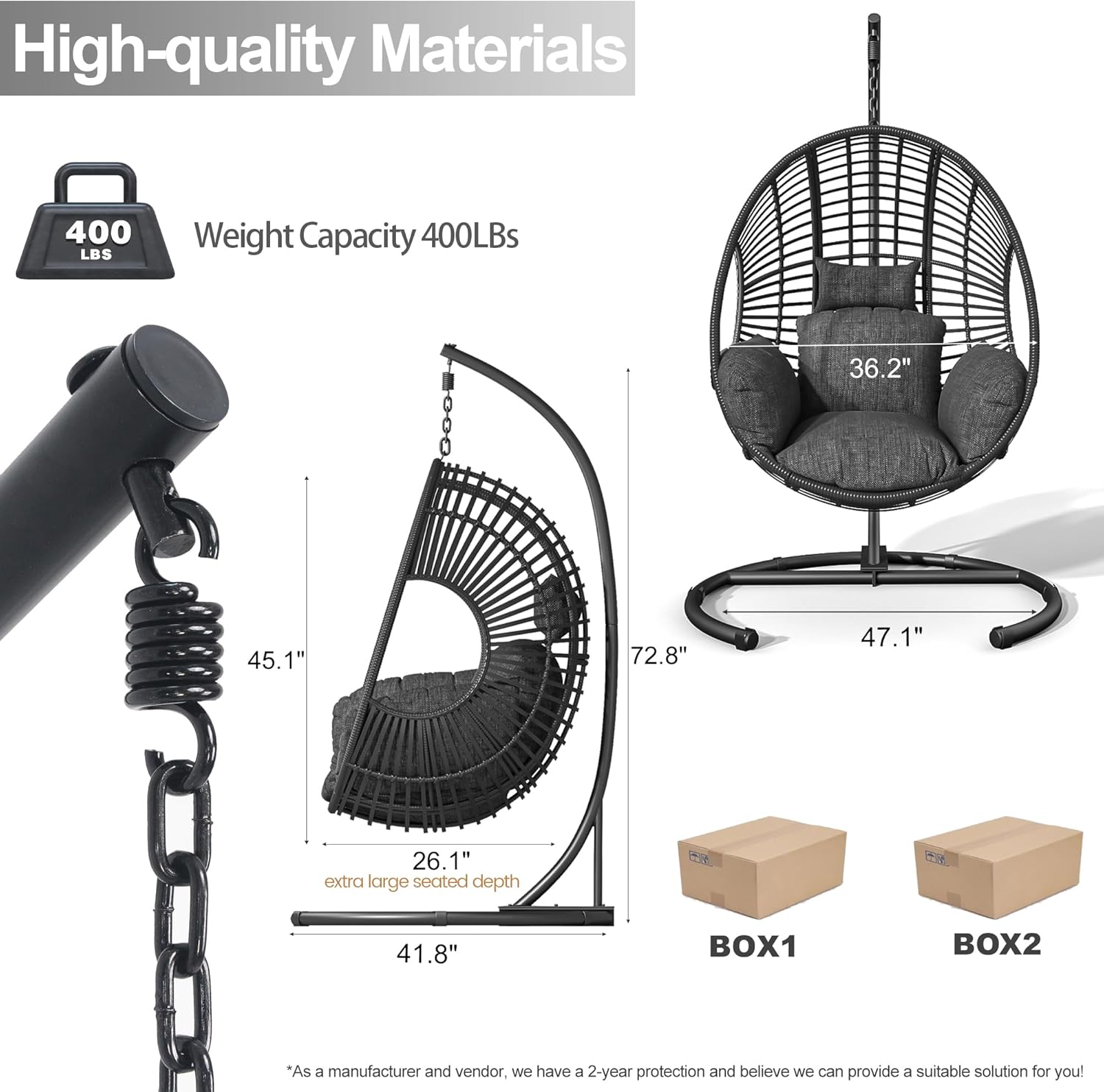 Hanging Egg Chair with Stand - Egg Swing Chair Outdoor Indoor Patio Wicker Chair Swing Hammock Egg Chairs 400lbs Capacity for Outside Patio, Bedroom, Garden and Balcony（Black, 1PC）