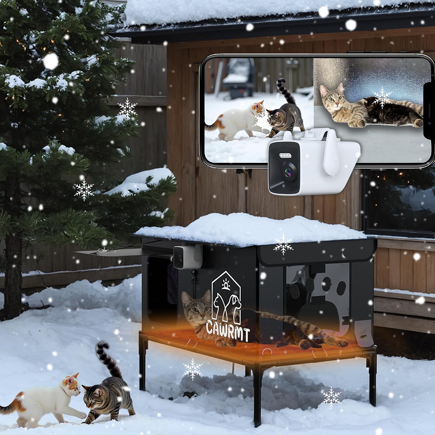 Outdoor Heated Cat House with Camera, Insulated Cozy Shelter for Cats, Weatherproof & Durable Design, Remote Monitoring via Smartphone, Ideal for Winter & Outdoor Use (Black, L)