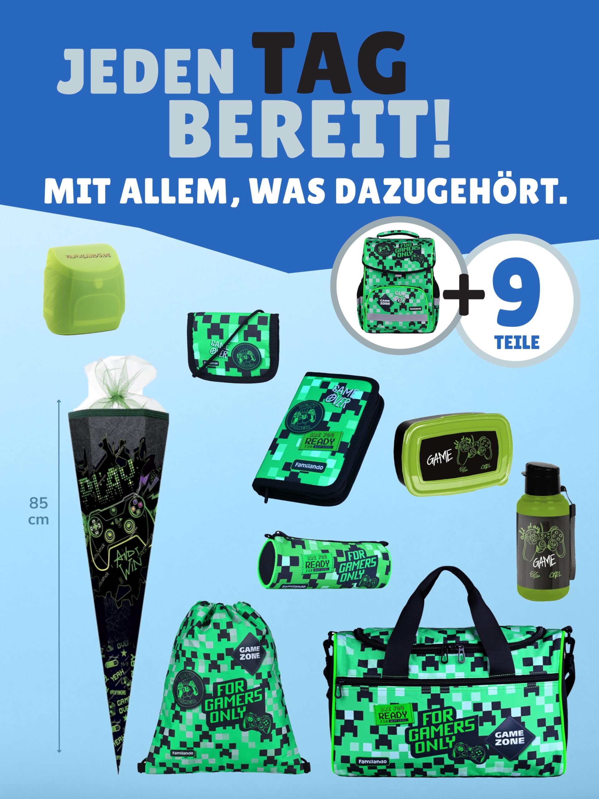 Familando - Basic Plus Schulranzen Set 10-teilig mit Schultüte - Playworld Gaming Pixel - Ergonomisch, stabil & mit gepolstertem Rücken - 850g leicht - 15L Volumen - Mit Reflektoren - Ab 1. Klasse