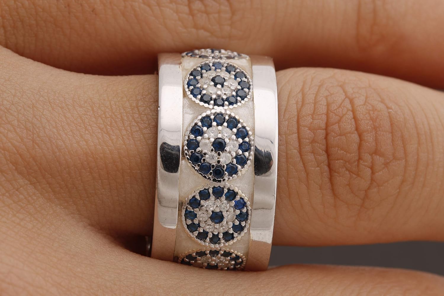 Nazar ! Turkish Handmade Jewelry White Enamel Evil Eye Sapphire Topaz Sterling Silver Ring Size With Multiple Size Options - Image 4