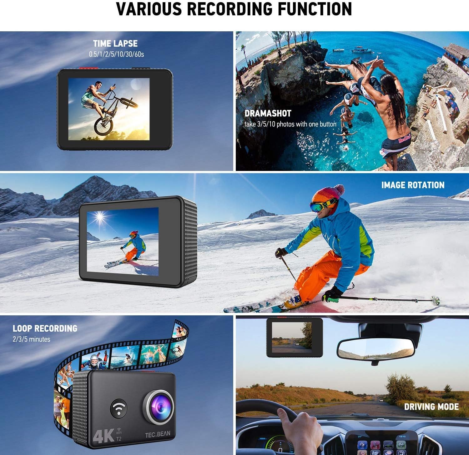 TEC.Bean 4K Action Camera, WiFi 14MP 45M Waterproof Sport Camera 170 Degree Wide View Angle 2.4G Remote Control 2 Rechargeable Underwater Cam Batteries and Kit of Accessories