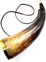 Vista 7 de Vikingo soplando cuerno de buey Batalla Trompeta Silbato Toro medieval Cuerno de sonido de búfalo con anillo de latón Ganado nórdico vikingo Cuerno